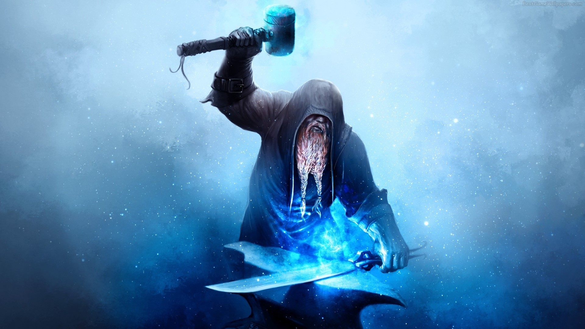 Fantasy blacksmith with hammer and sword on anvil HD Wallpaper