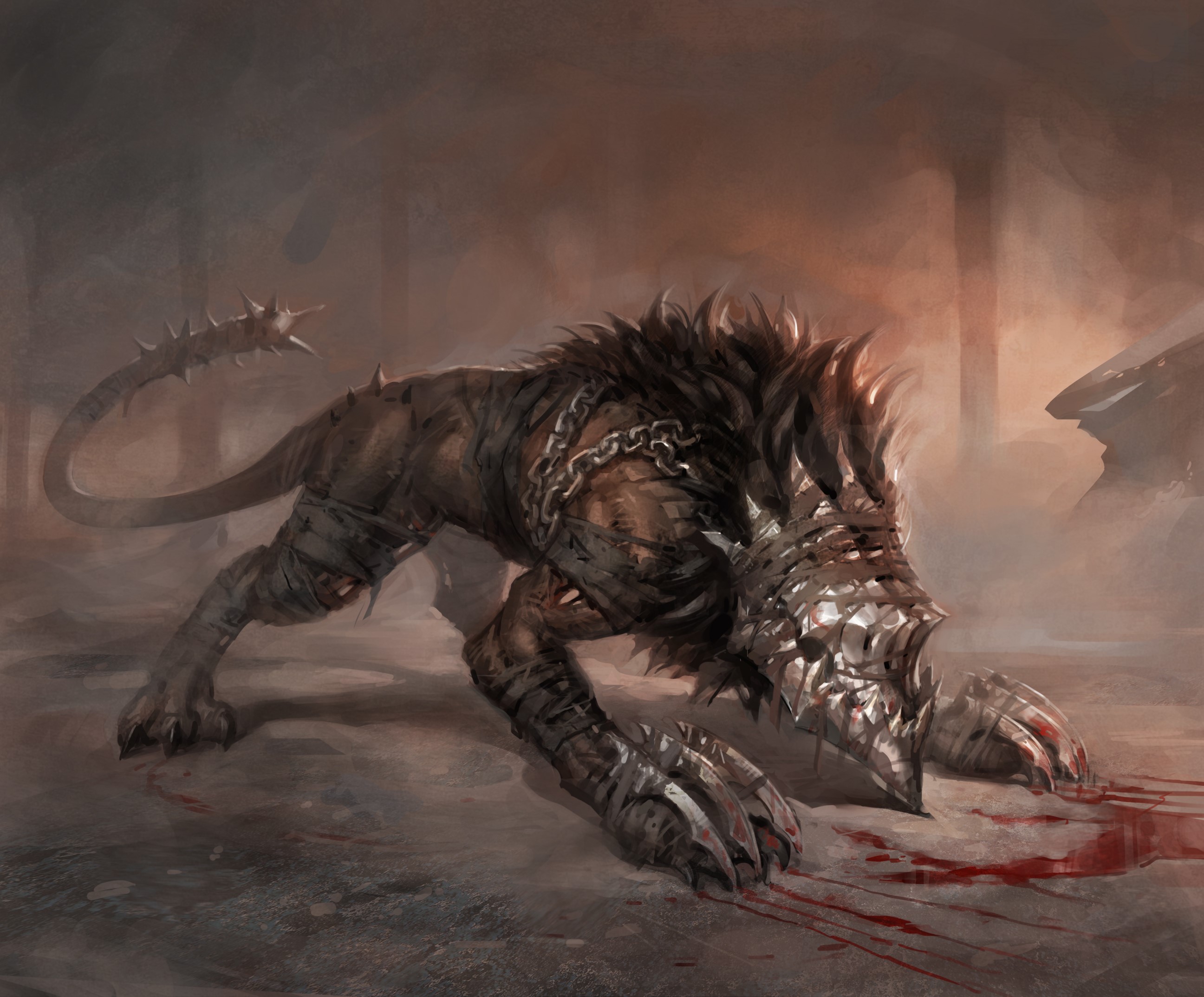 A monstrous dog with armor and chains HD Wallpaper