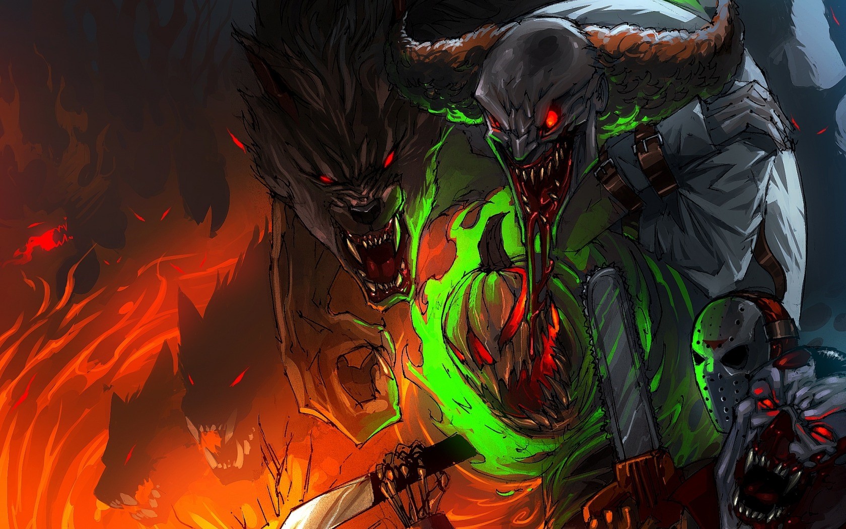 Werewolf, Clown, and Jason Voorhees in Hell HD Wallpaper