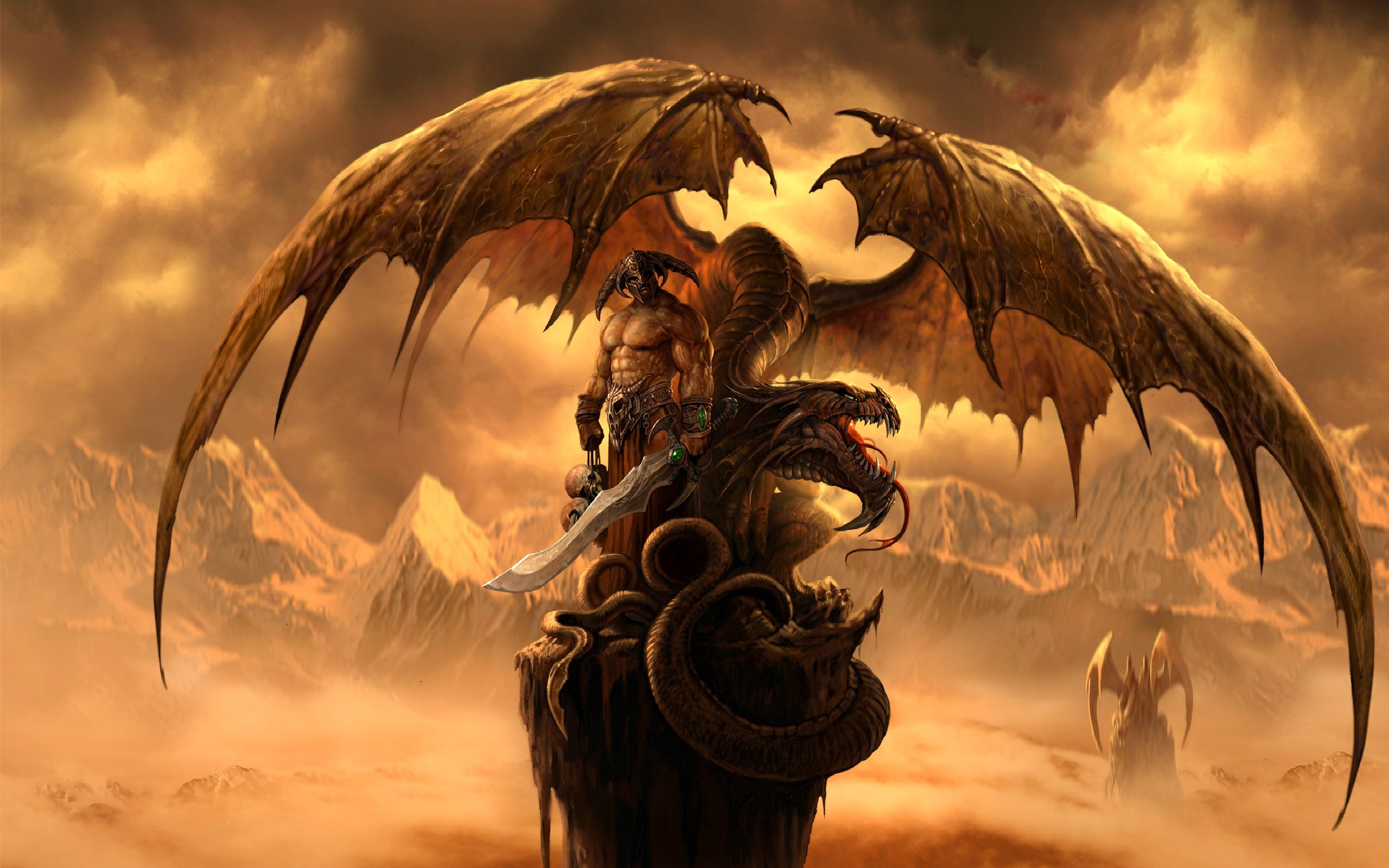 Warrior with Dragon and Wings in Fantasy Landscape HD Wallpaper