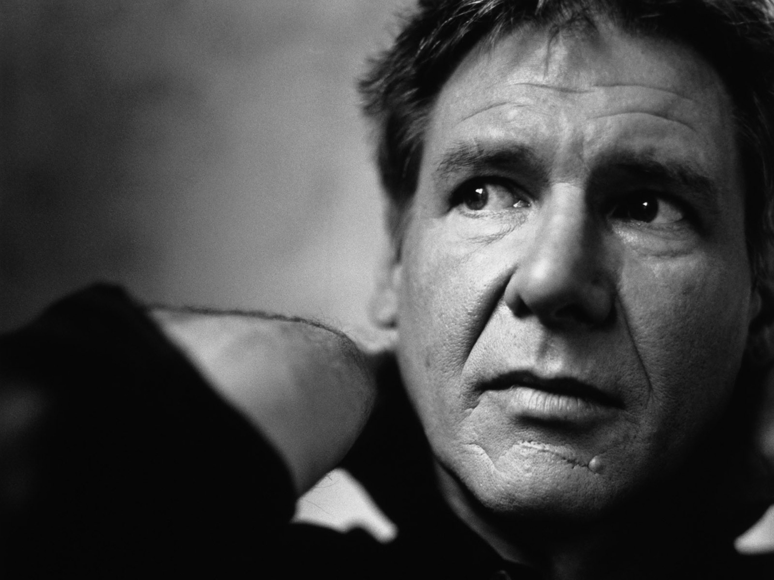 Harrison Ford close-up black and white portrait HD Wallpaper
