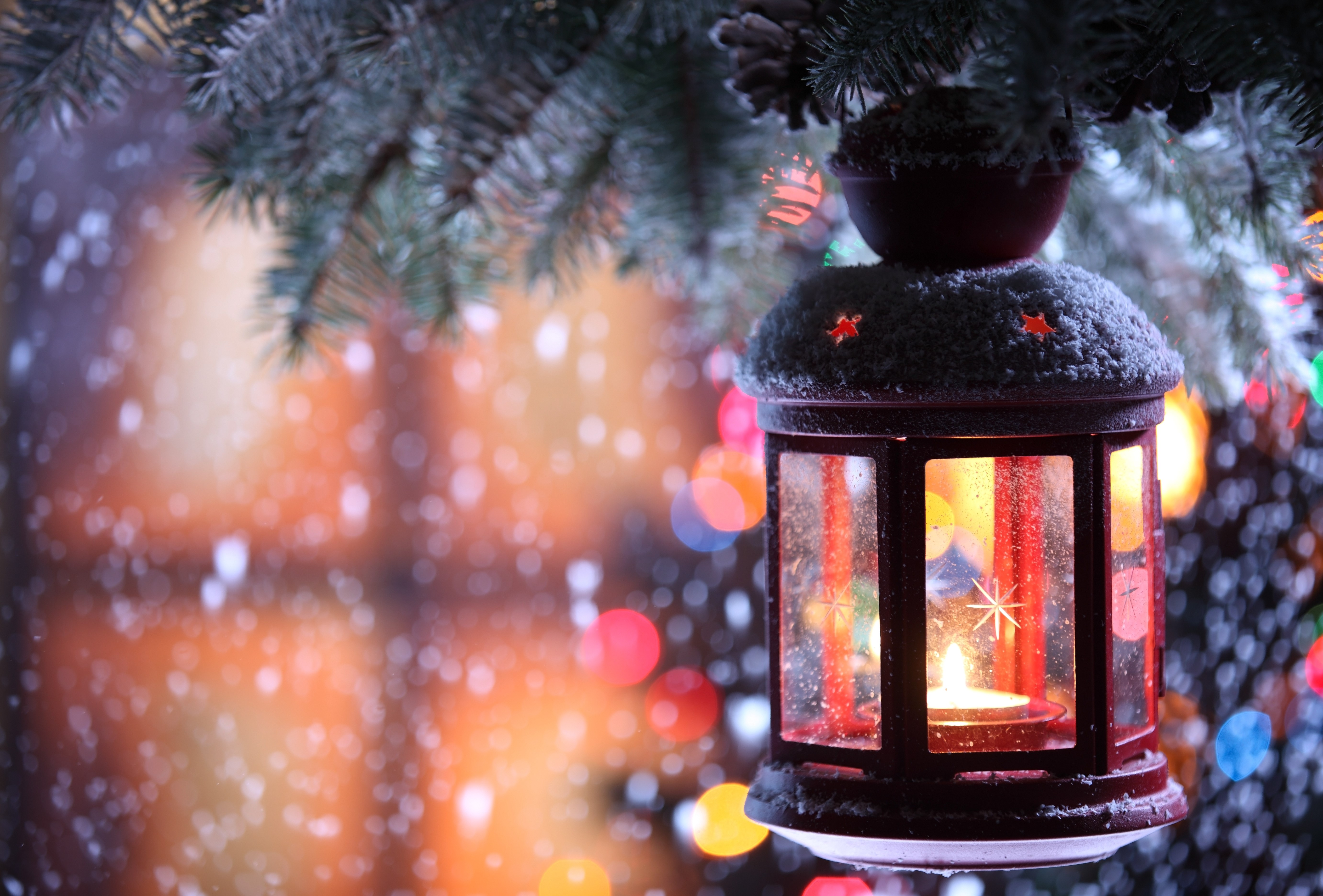 Christmas lantern with candle on snowy branch HD Wallpaper