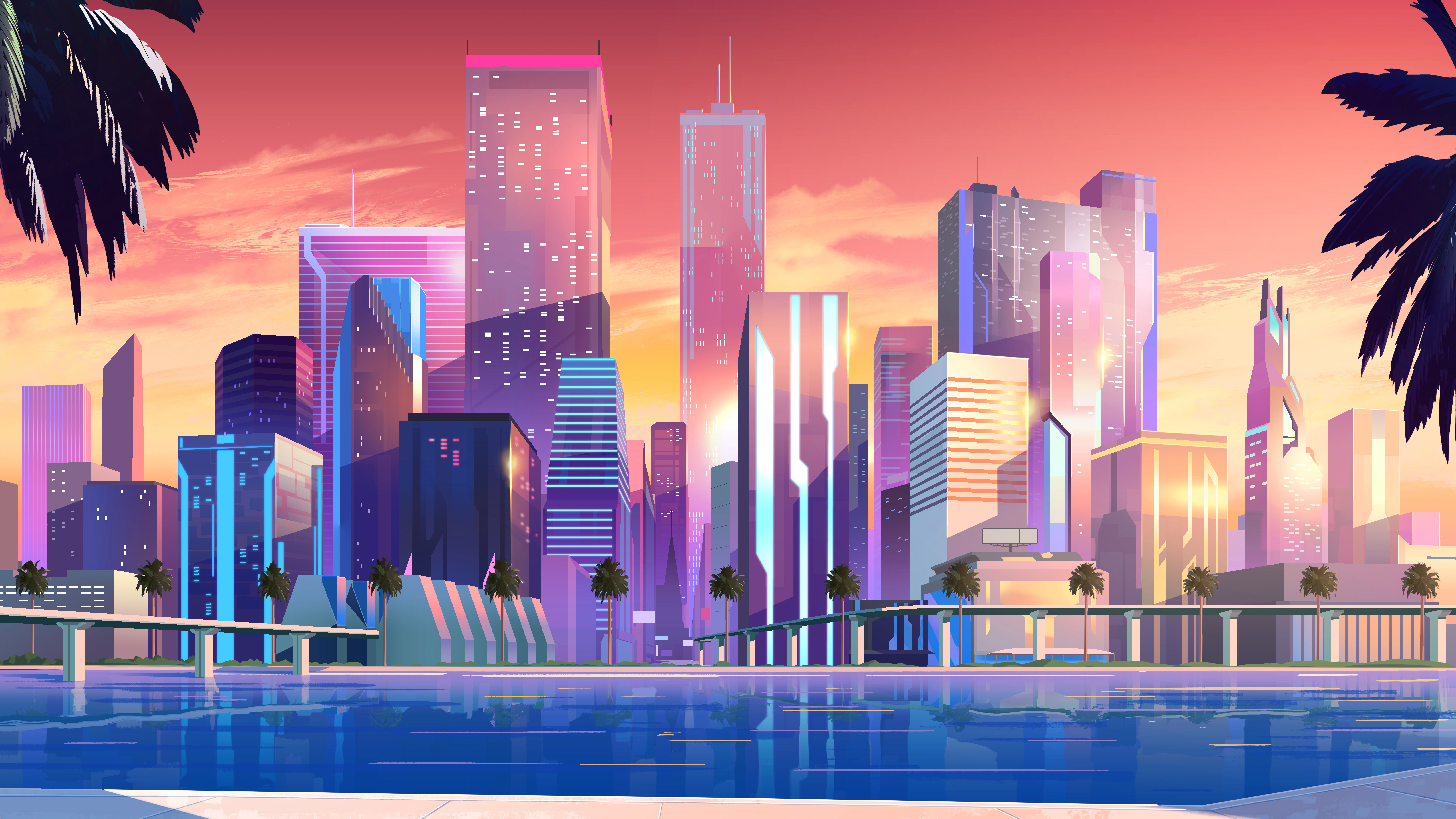 Minimalist Cityscape with Palm Trees and Water HD Wallpaper