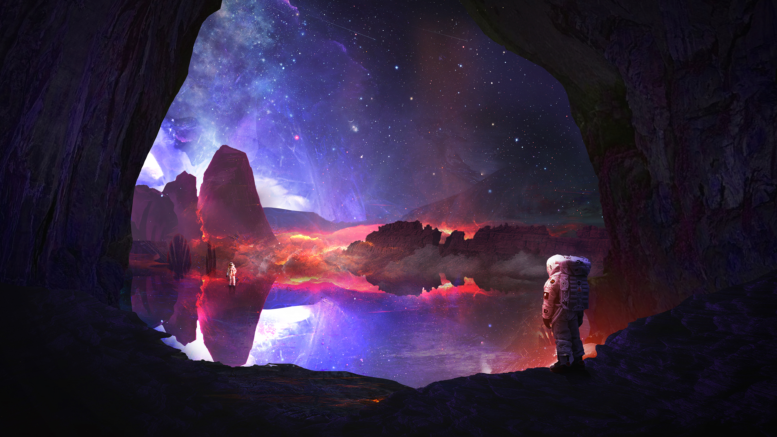 Astronauts in a surreal alien cave with nebula sky HD Wallpaper