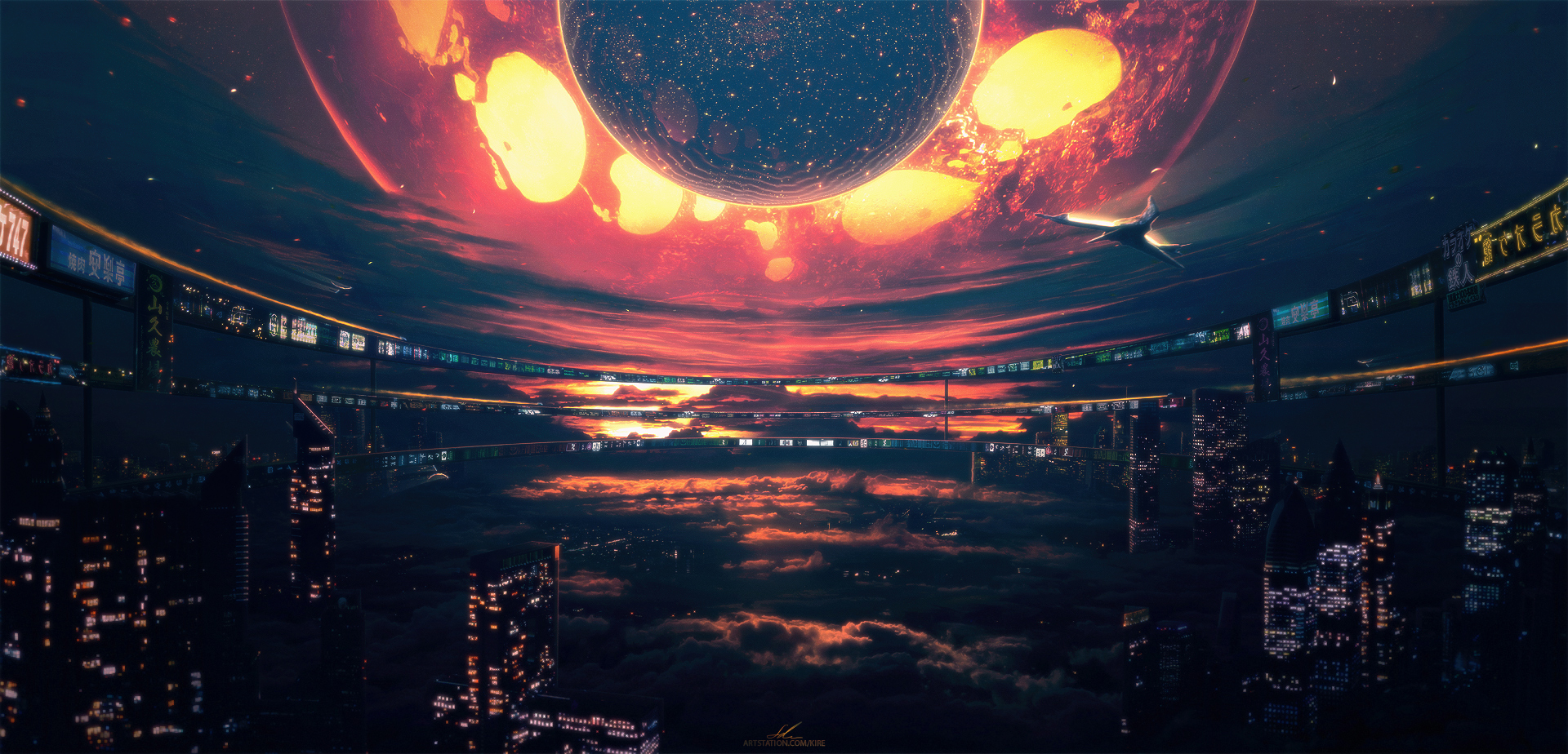 Sci-fi cityscape under a large planet and fiery sky HD Wallpaper