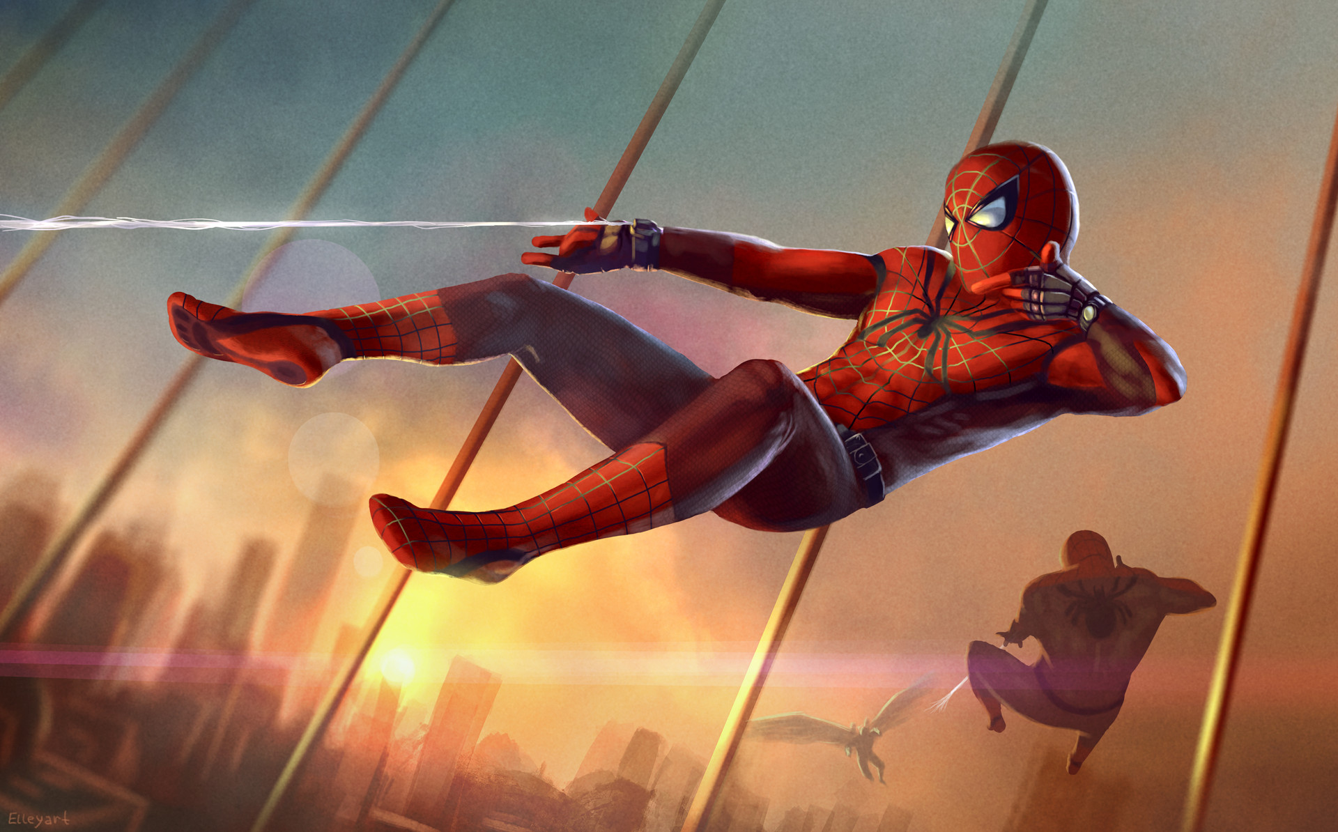 Spider-Man swinging through a city at sunset HD Wallpaper