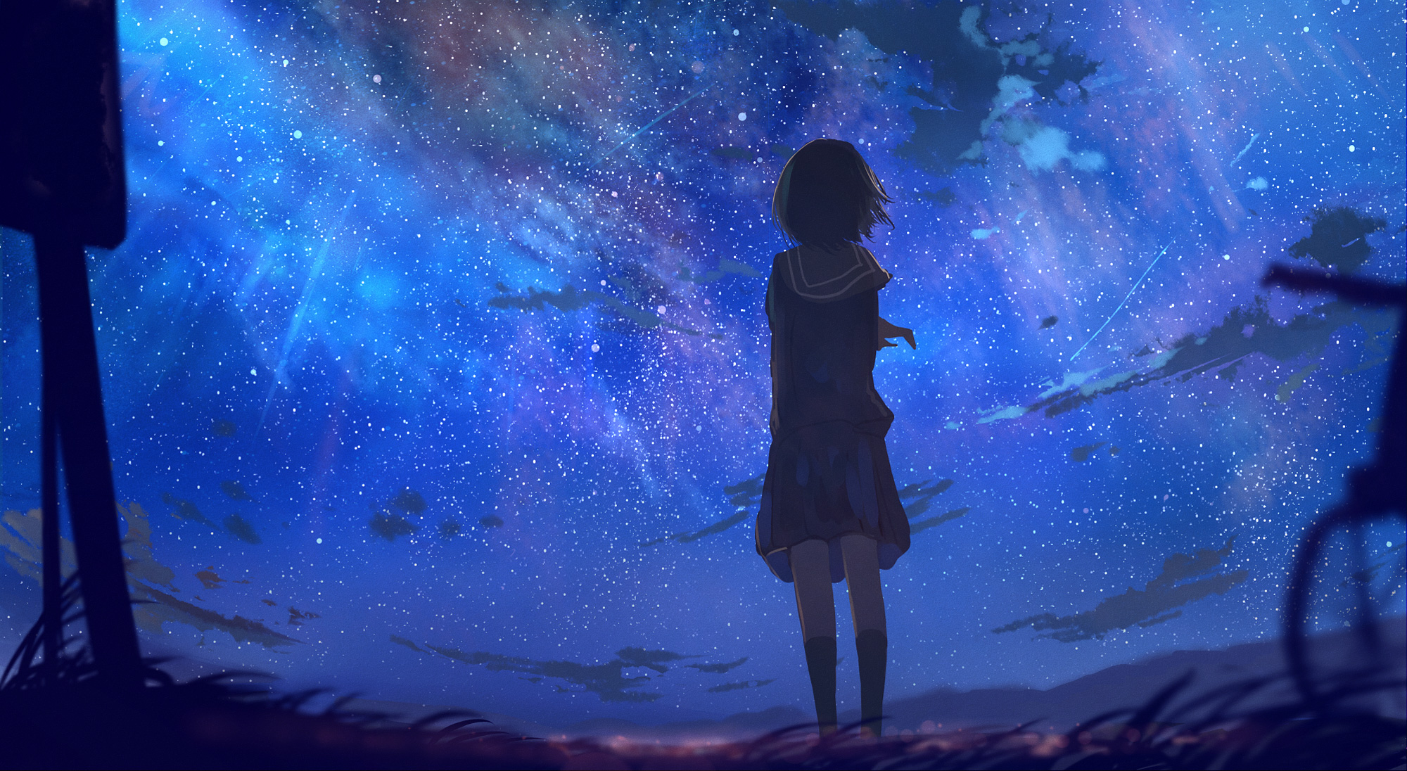 Anime girl looking at starry sky HD Wallpaper