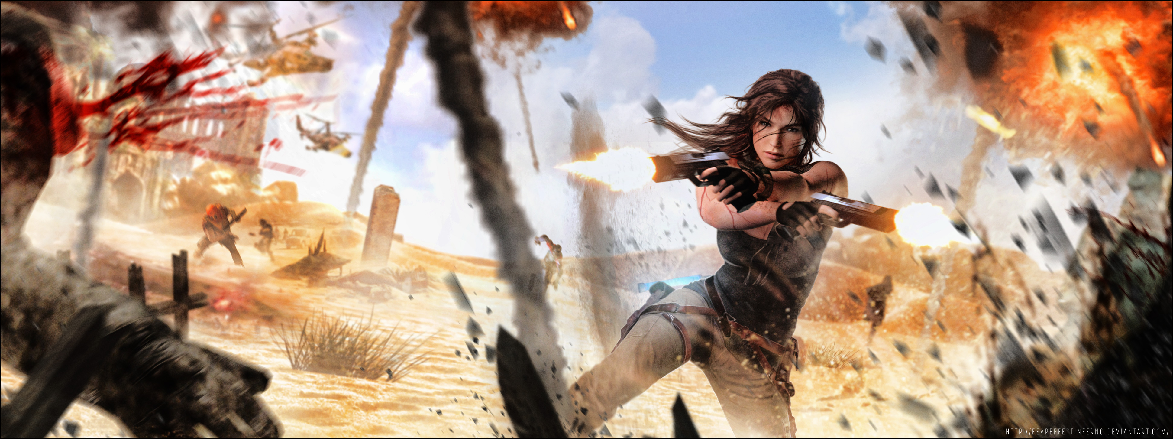 Lara Croft from Tomb Raider in a desert battle HD Wallpaper
