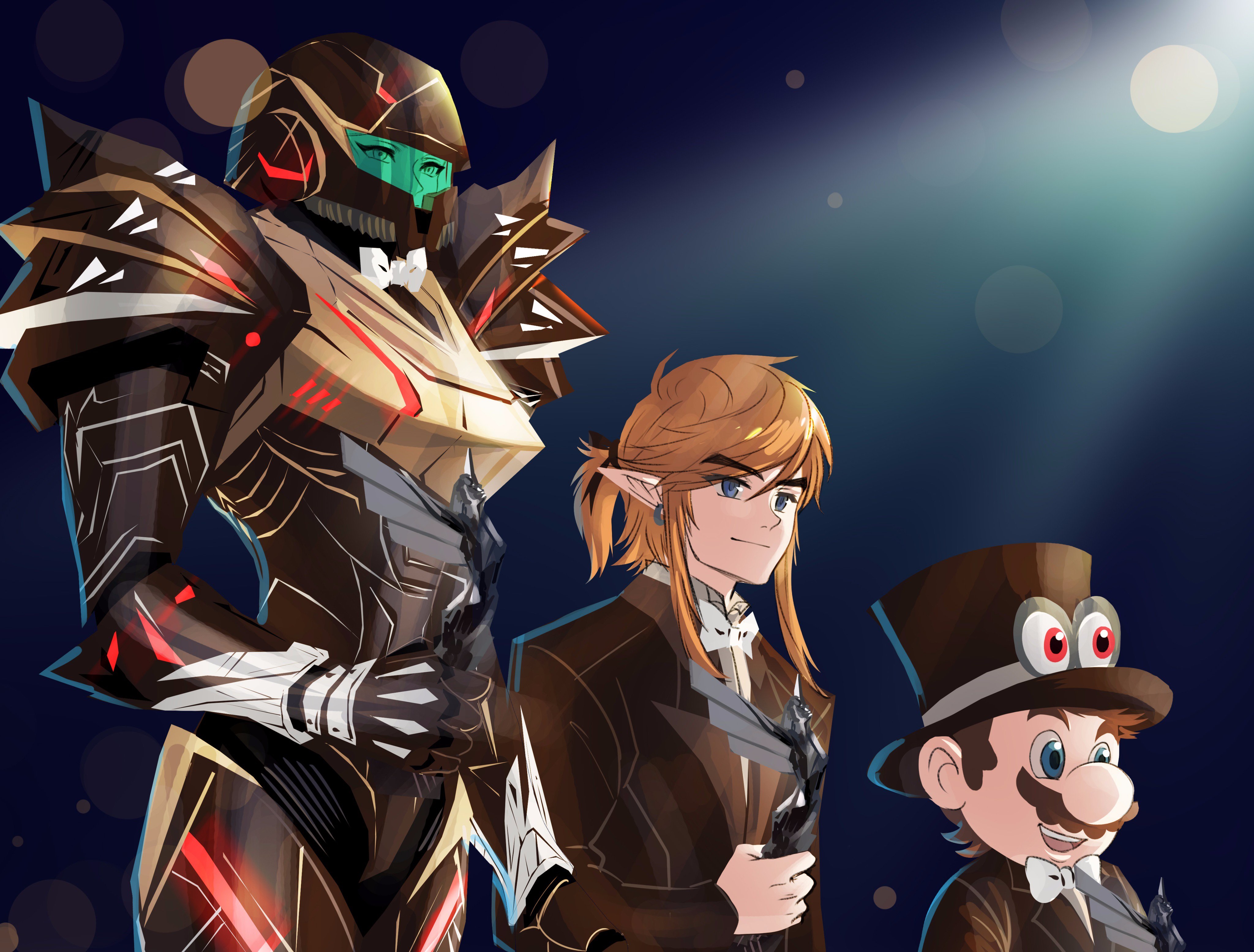 Samus Aran, Link, and Mario in formal wear HD Wallpaper