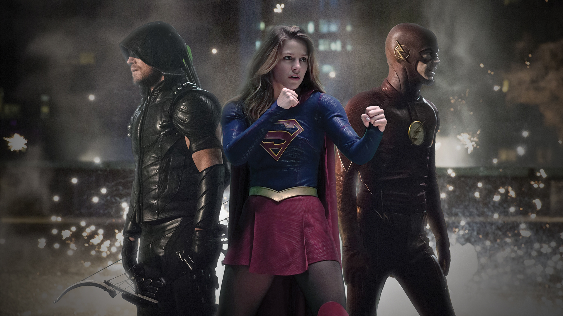 Arrow, Supergirl, and The Flash standing together HD Wallpaper