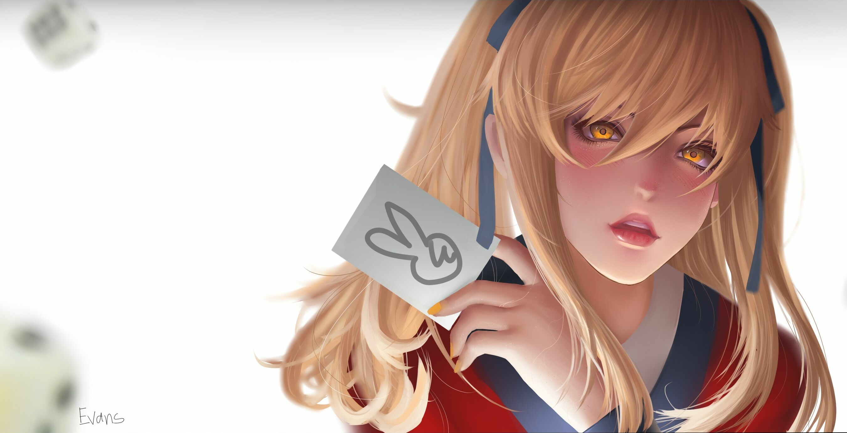 Anime girl with blonde hair holding a card HD Wallpaper