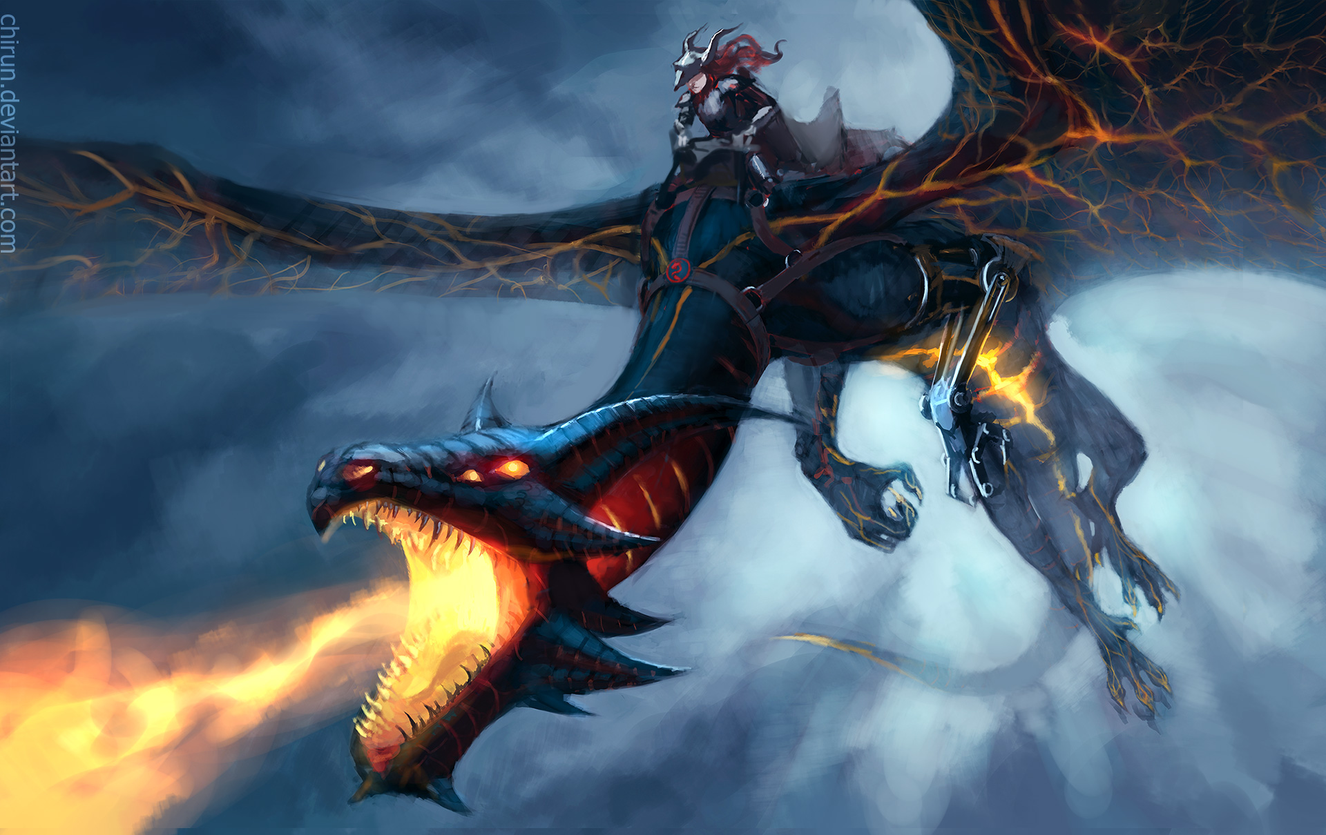 Dragon rider breathing fire in the sky HD Wallpaper