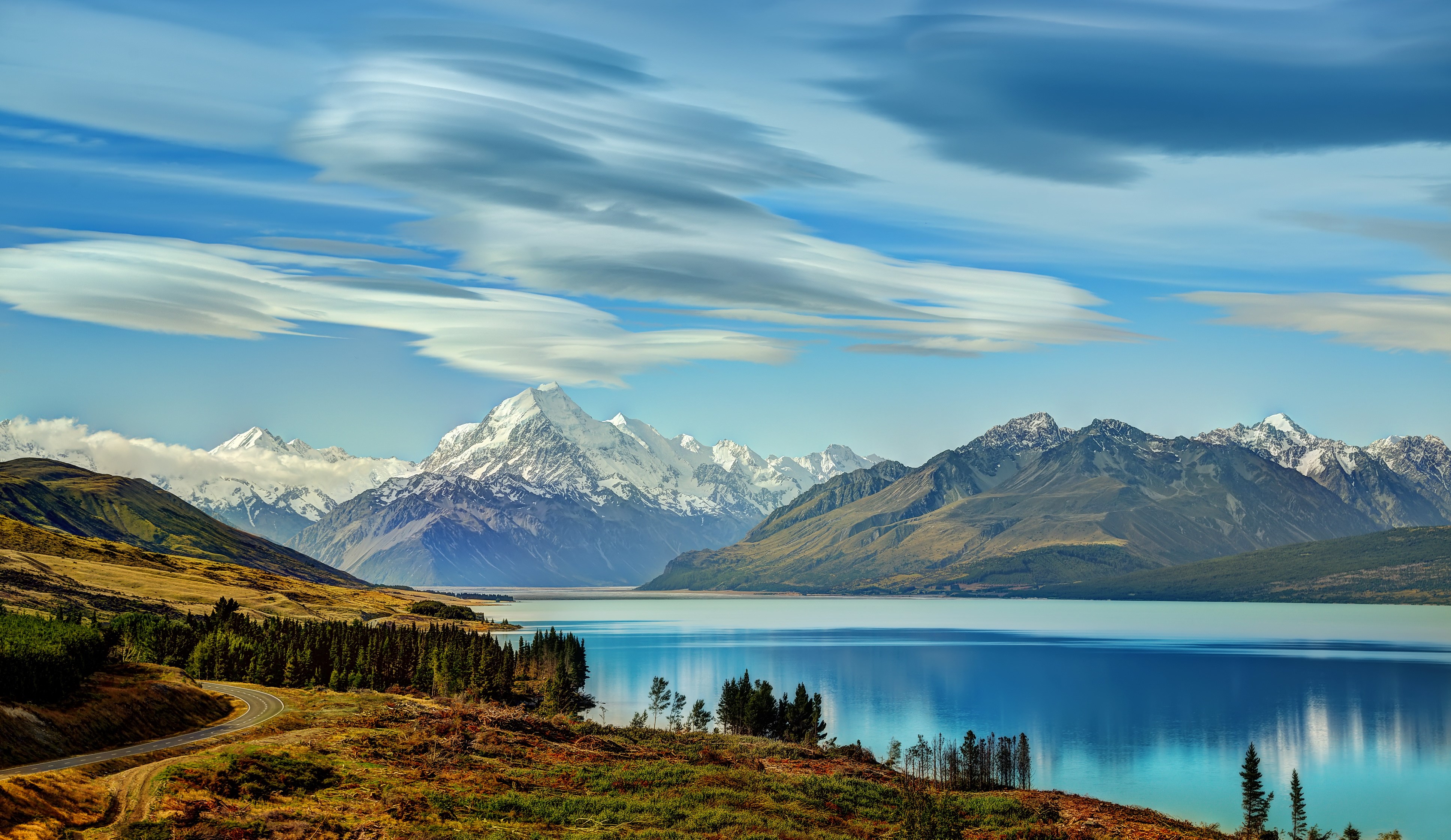 Lake with Snow-Capped Mountains and Clouds in New Zealand 4K HD Wallpaper