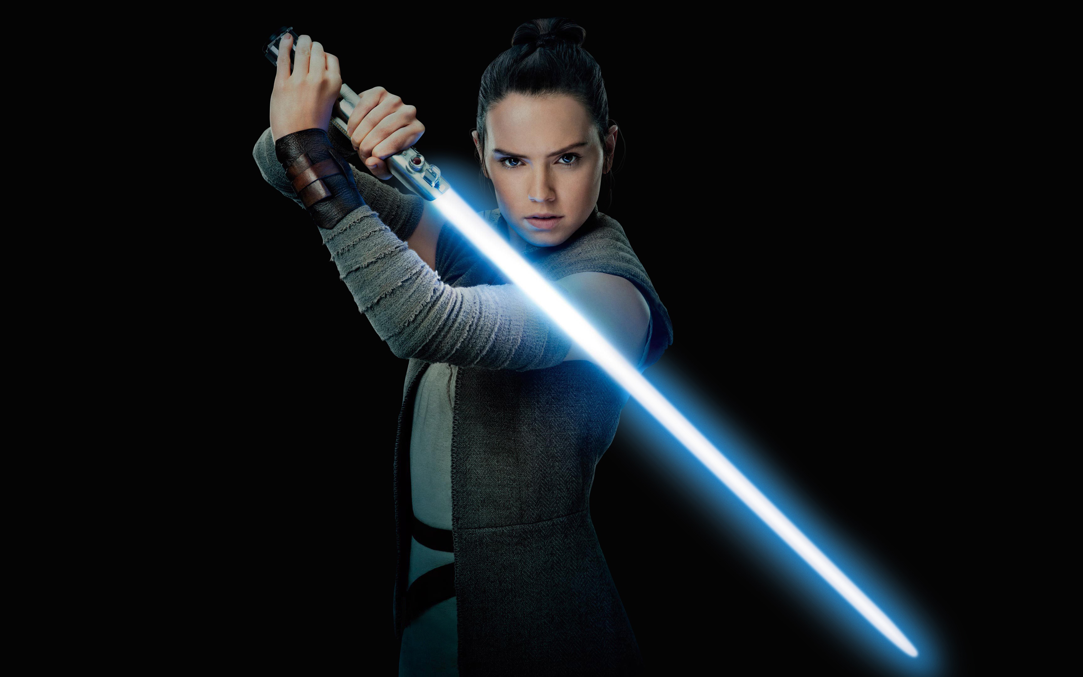 Rey from Star Wars The Last Jedi with Blue Lightsaber HD Wallpaper