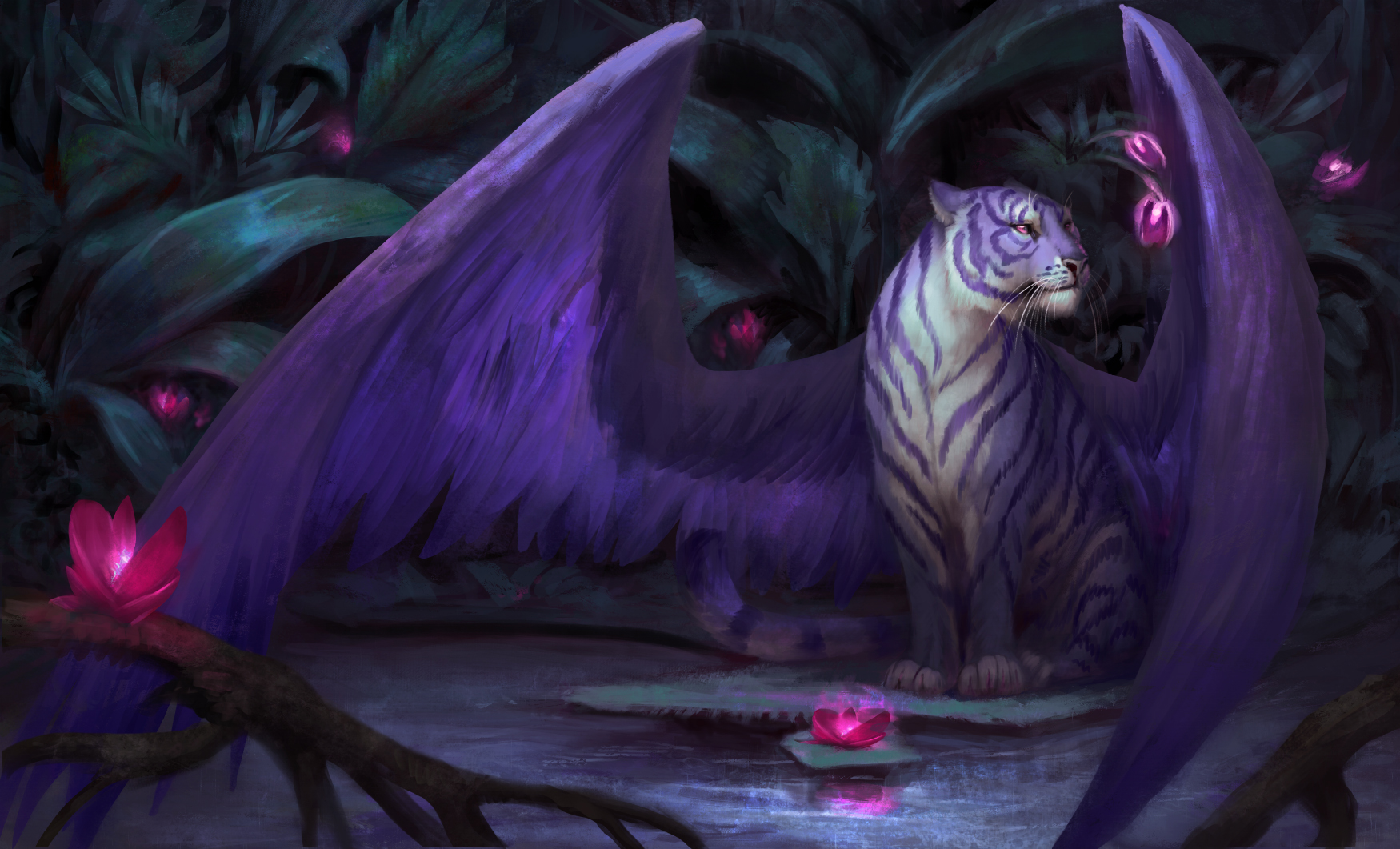 Winged tiger with purple wings in a dark jungle HD Wallpaper