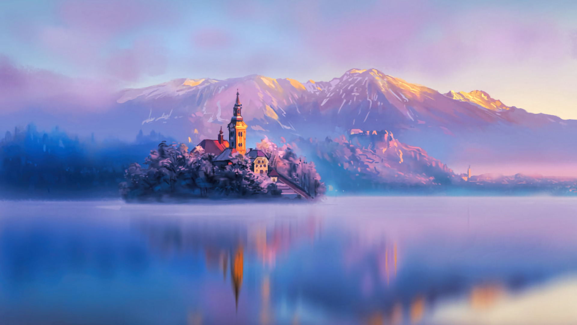 Digital art of a church on an island in a lake with mountains HD Wallpaper