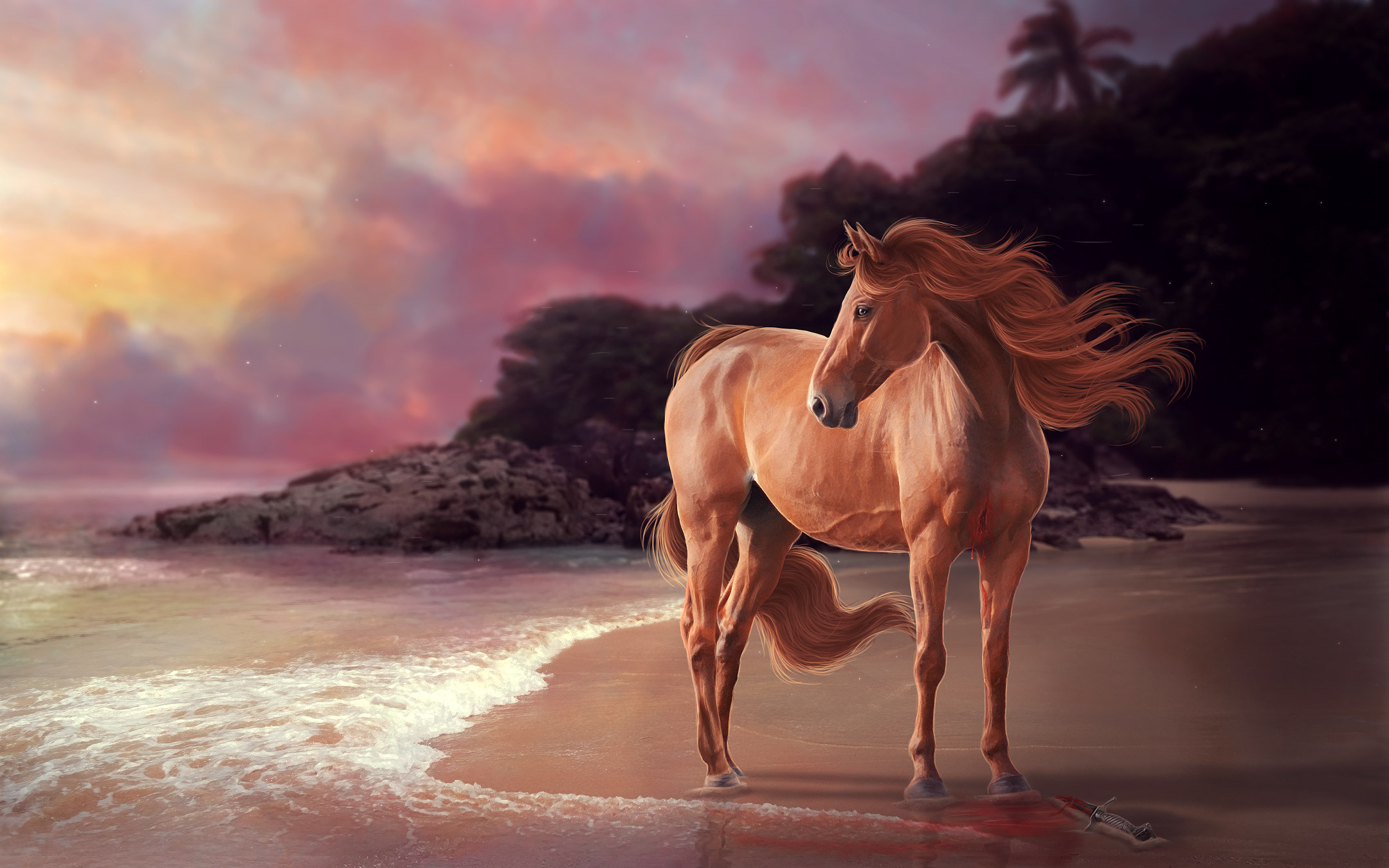 Horse on a beach at sunset with a sword HD Wallpaper
