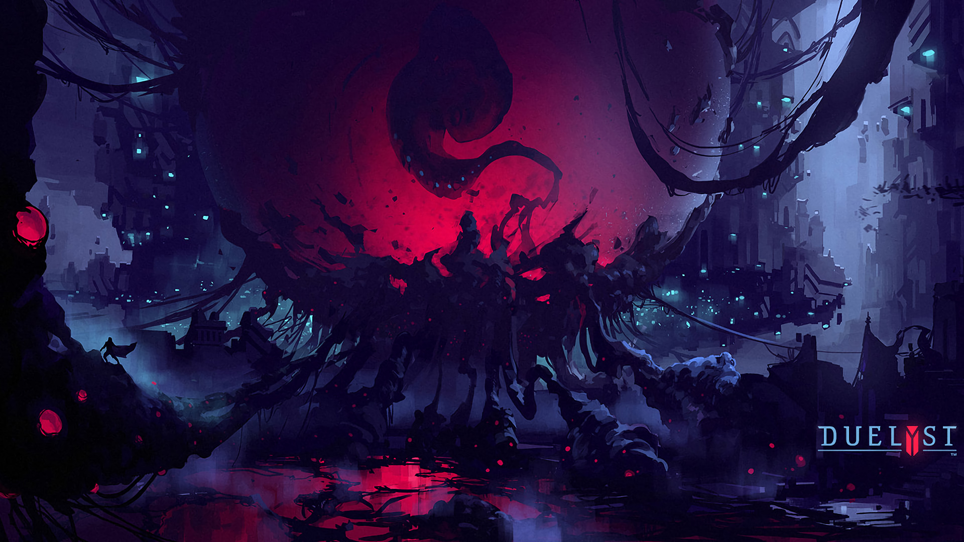 Duelyst game art with dark fantasy city and creature HD Wallpaper