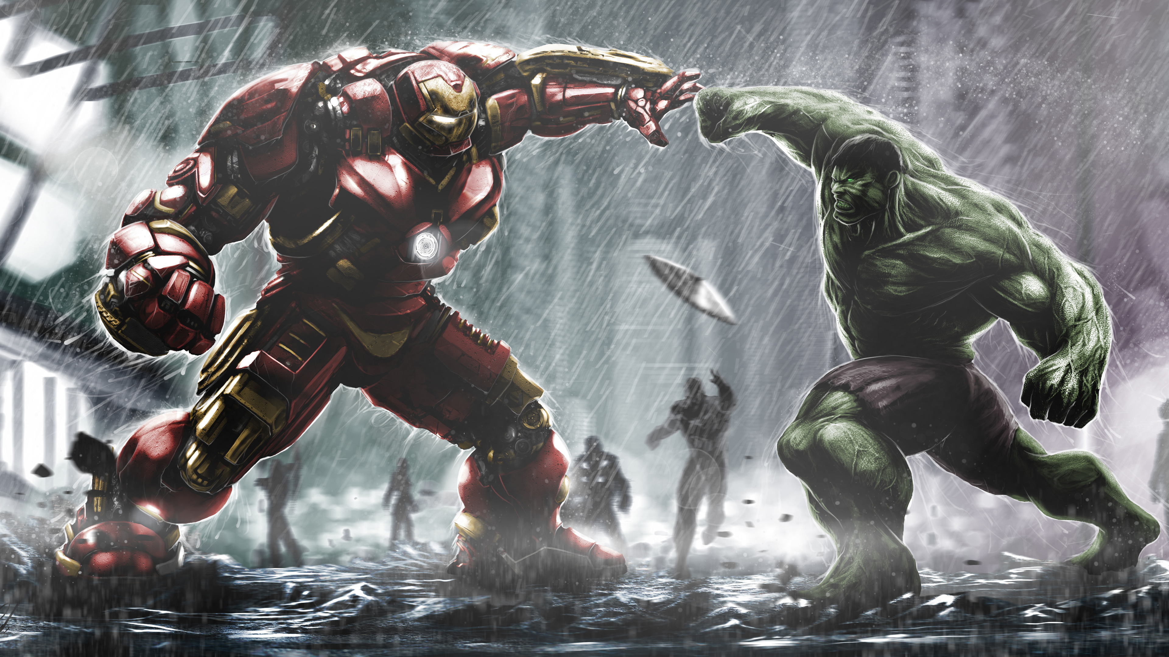 Hulk and Iron Man Hulkbuster fighting in the rain HD Wallpaper