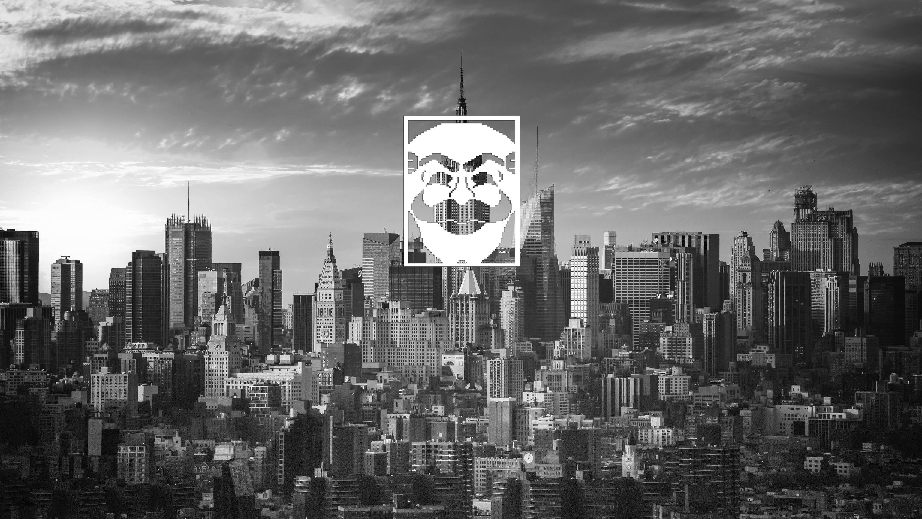 Mr. Robot mask over New York City skyline HD Wallpaper