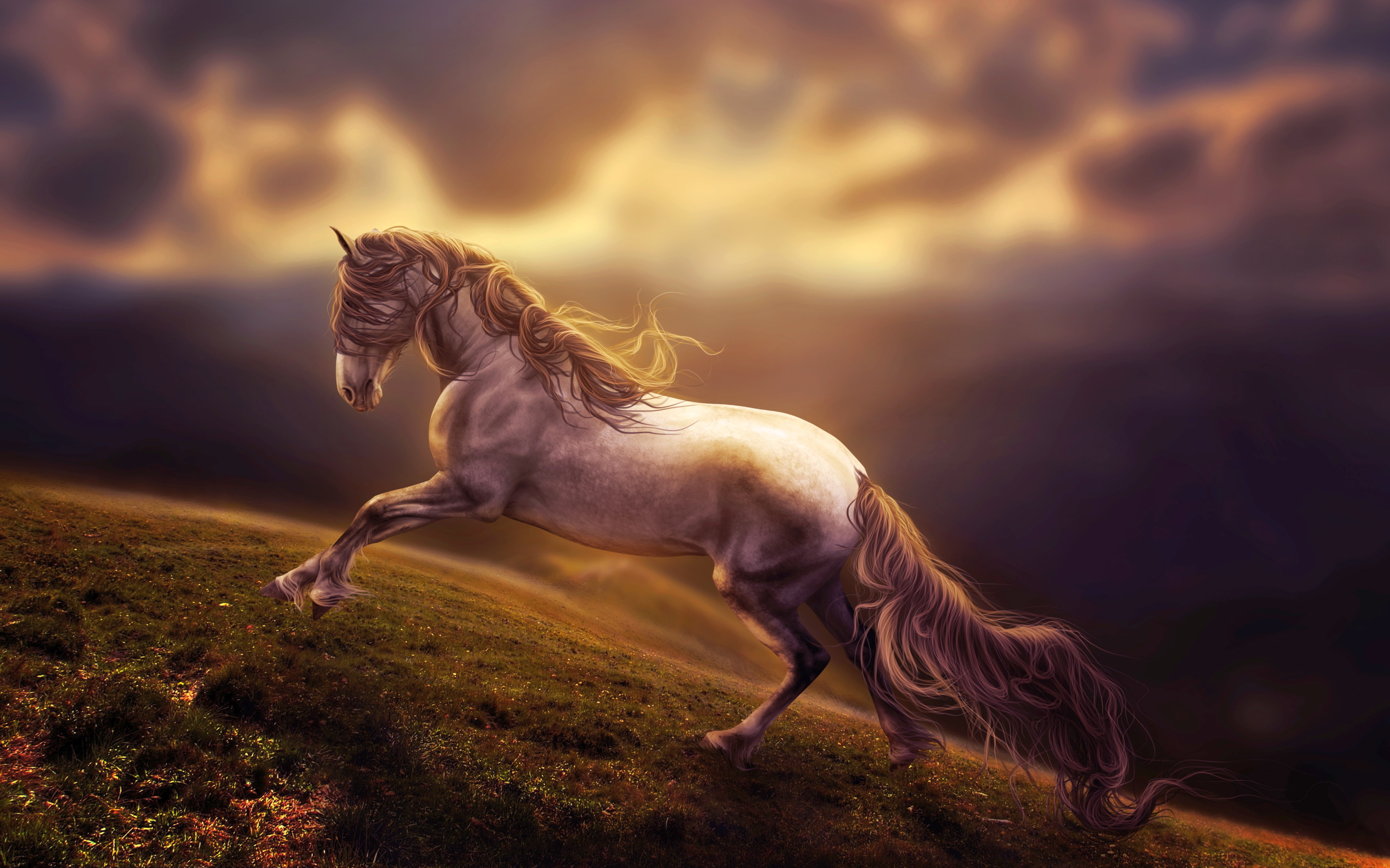 Digital art of a horse running on a hill HD Wallpaper