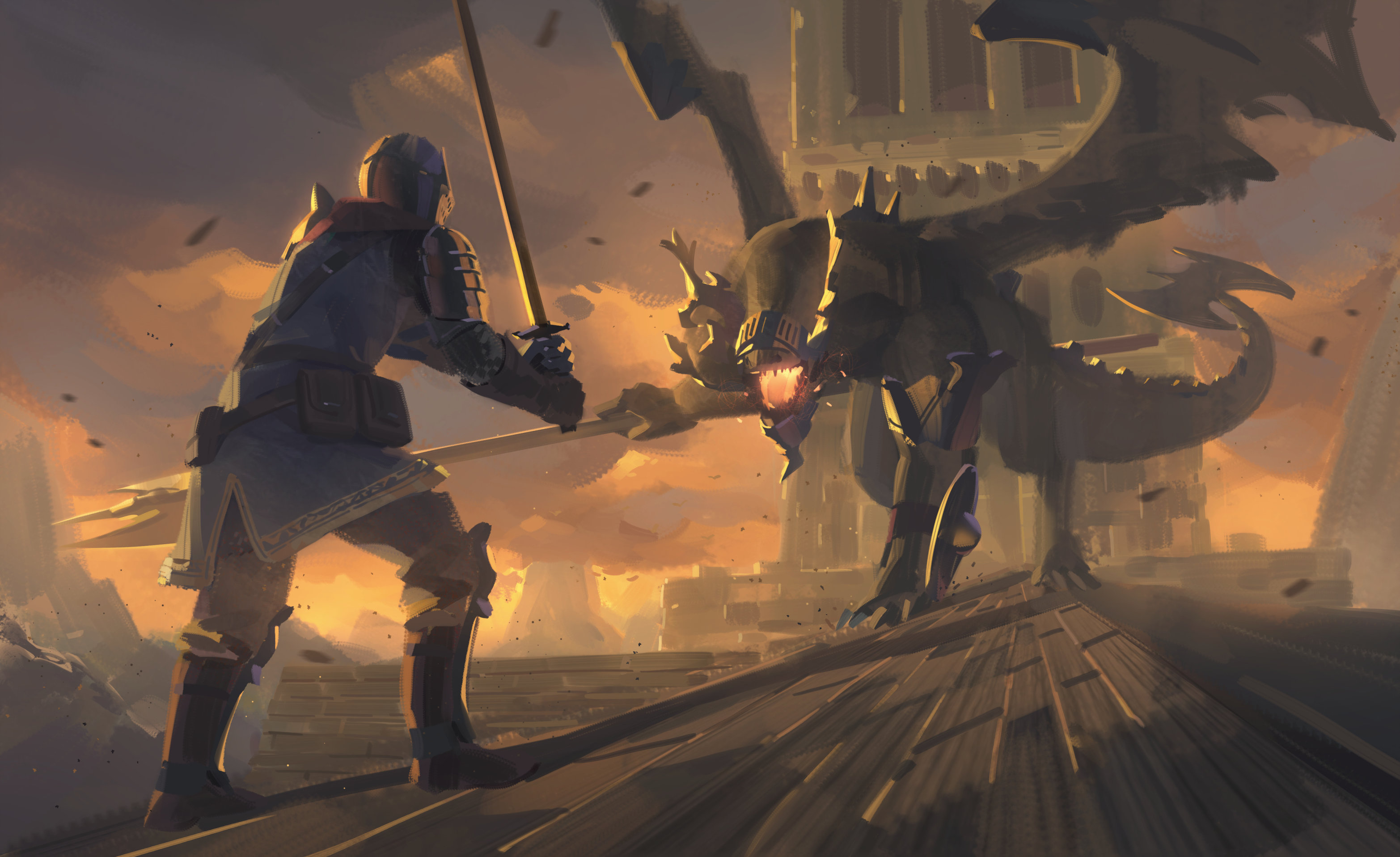 Knight fighting a dragon in front of a castle HD Wallpaper
