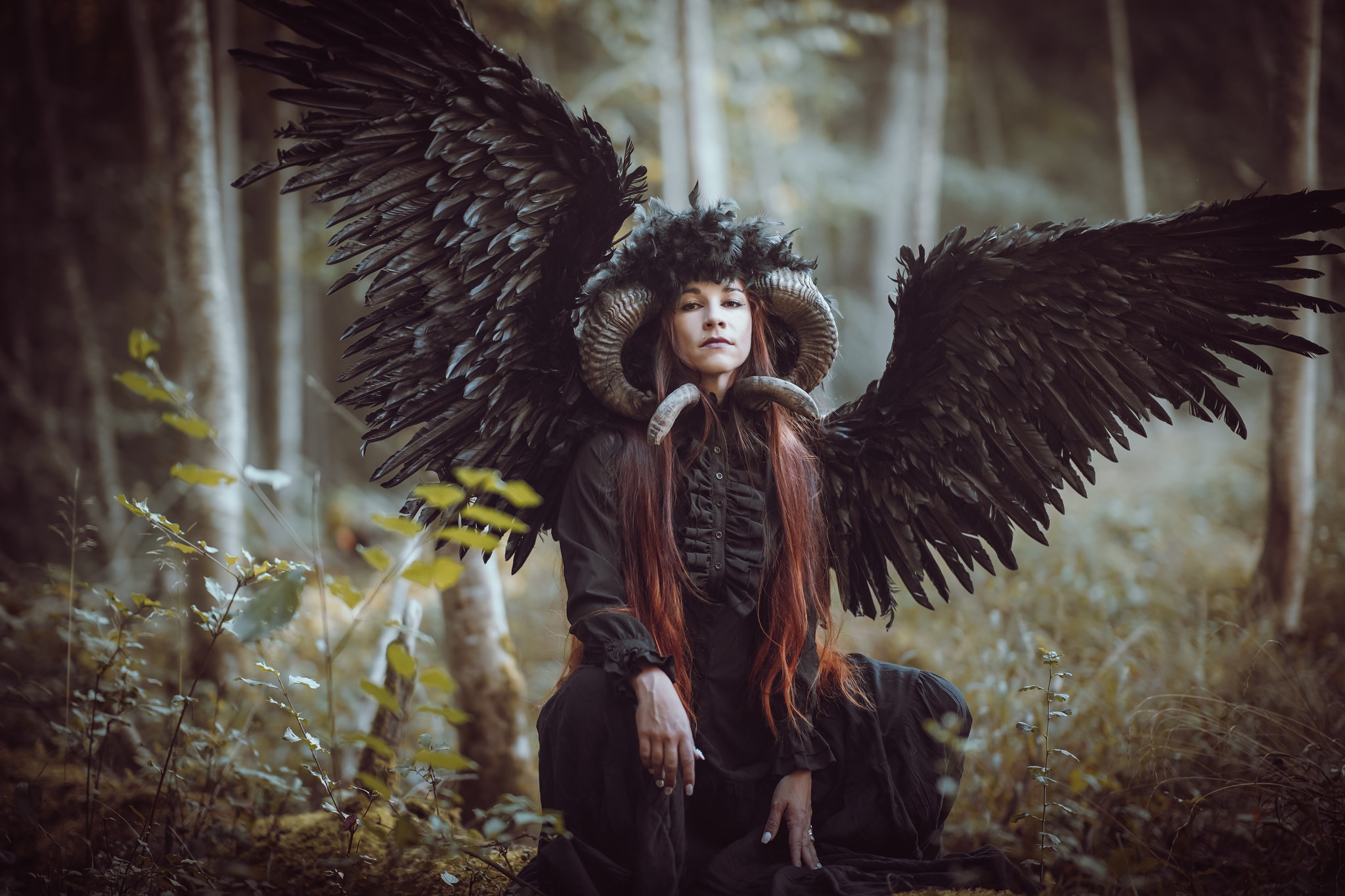 Mysterious Woman with Dark Wings and Horns in Forest HD Wallpaper