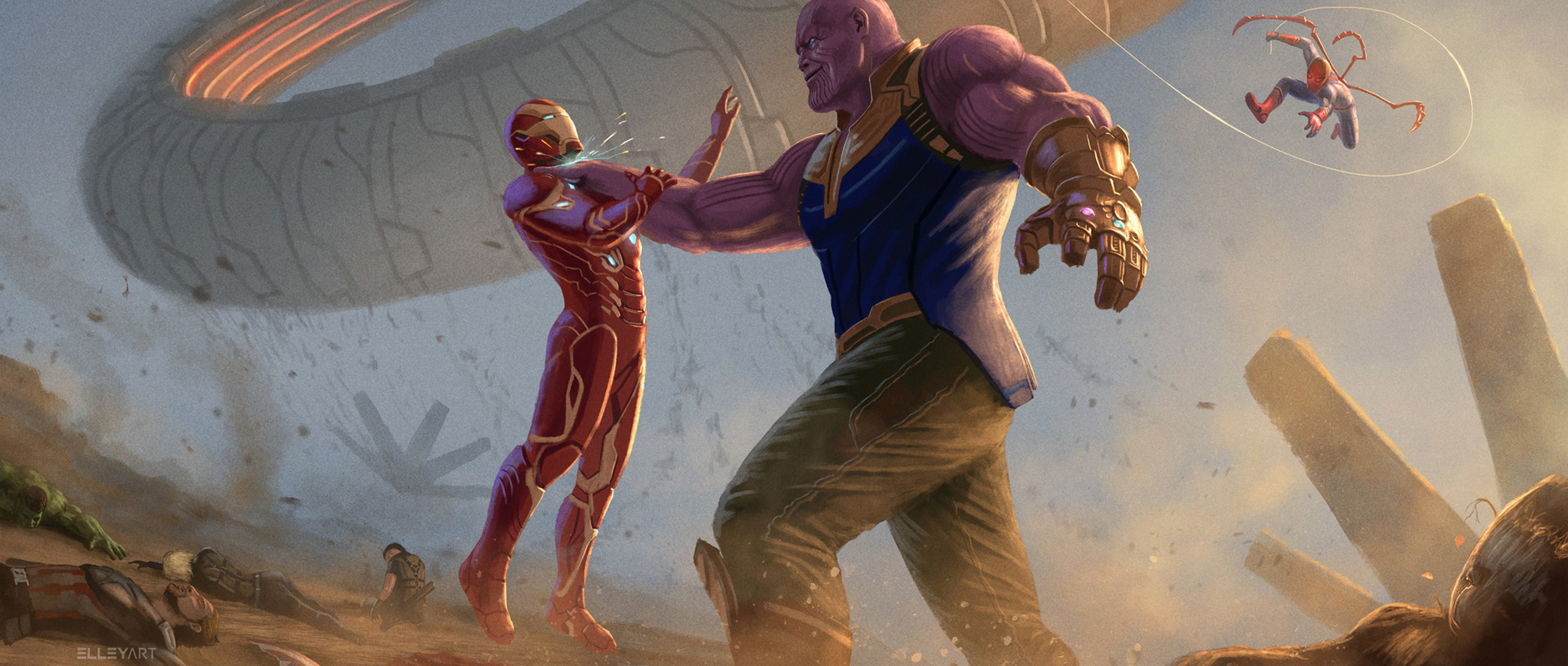Epic Marvel Battle: Iron Man vs Thanos with Spider-Man HD Wallpaper