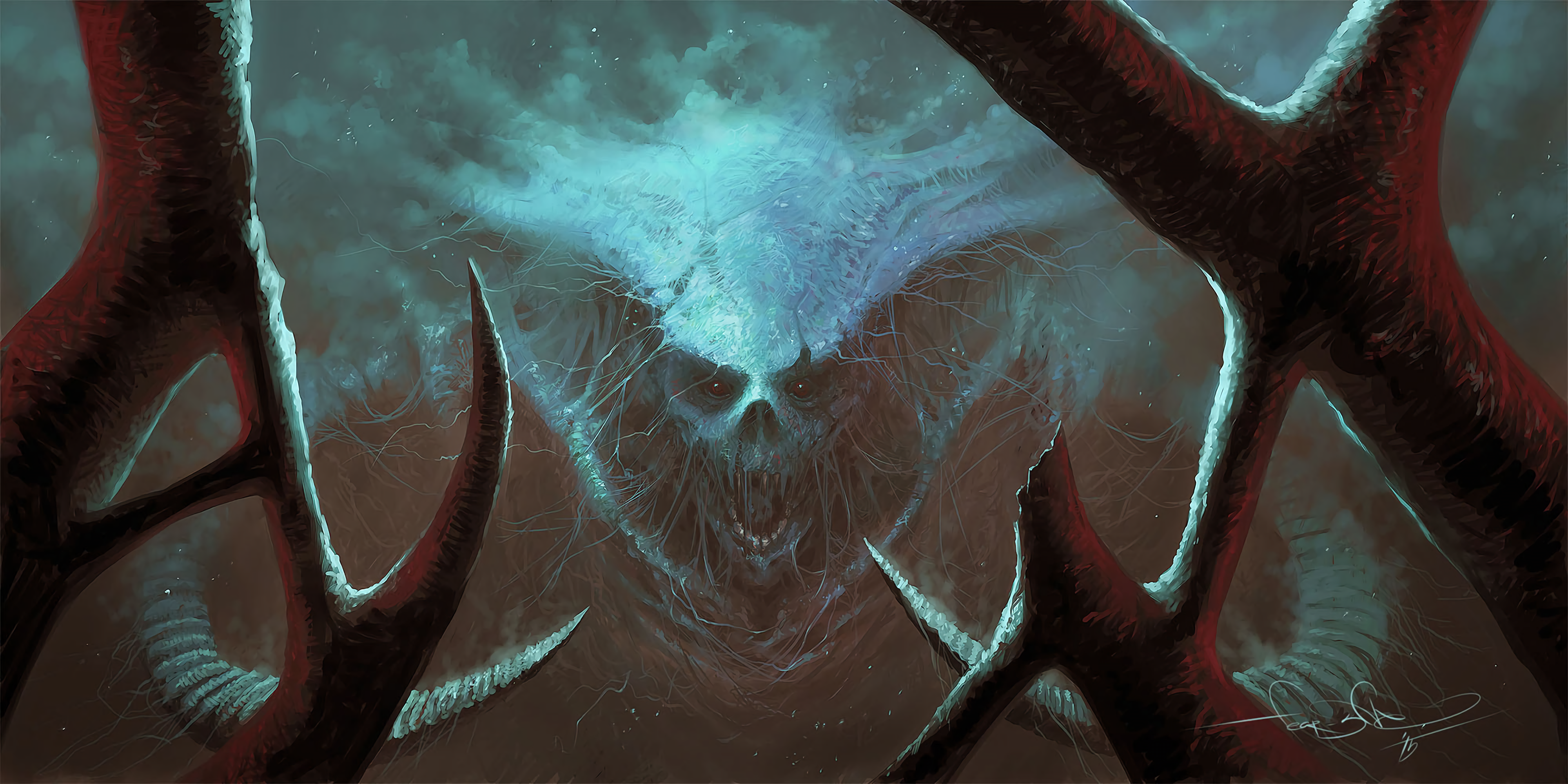 Demonic skull with glowing eyes and horns HD Wallpaper