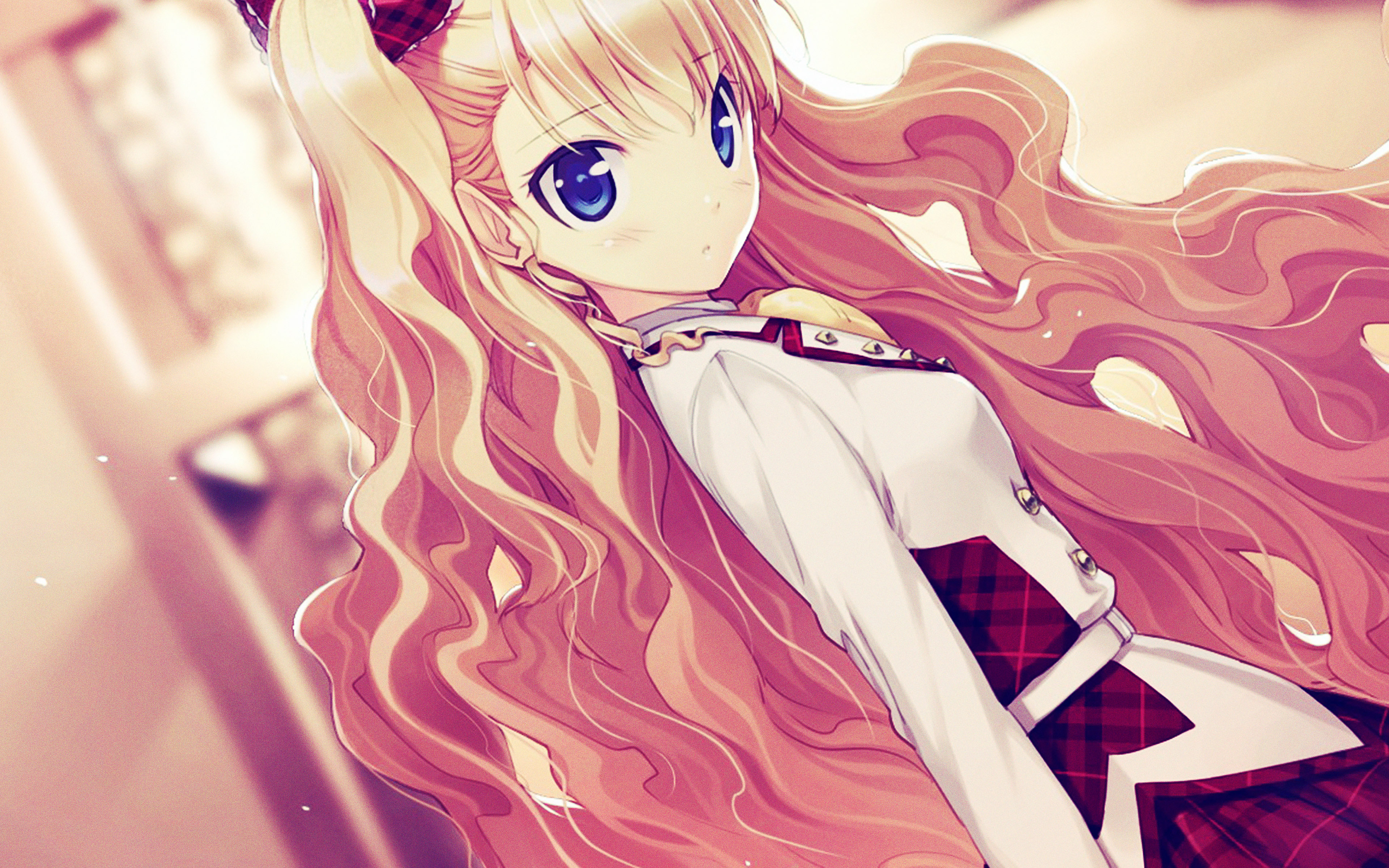 Anime girl with blonde pigtails and blue eyes HD Wallpaper