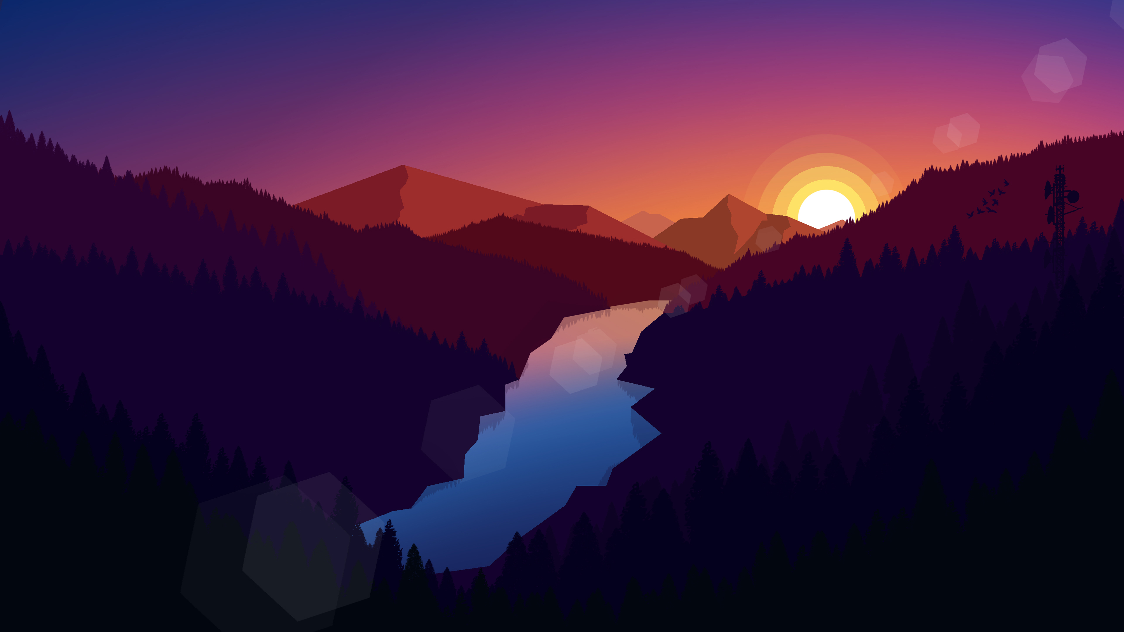 Sunset over mountains and river HD Wallpaper