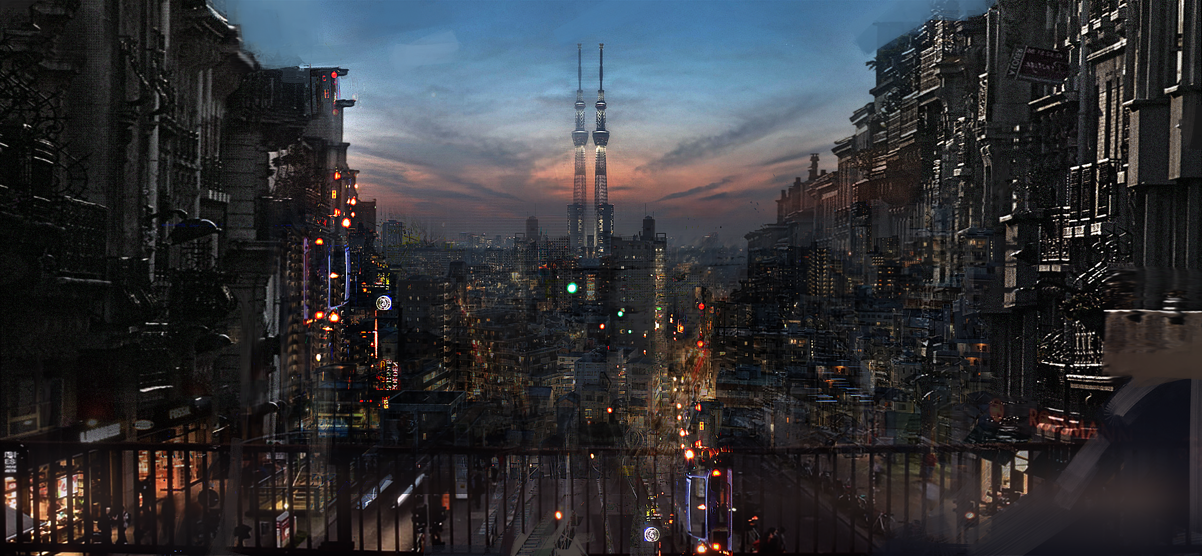Futuristic Cityscape at Dusk with Twin Towers HD Wallpaper