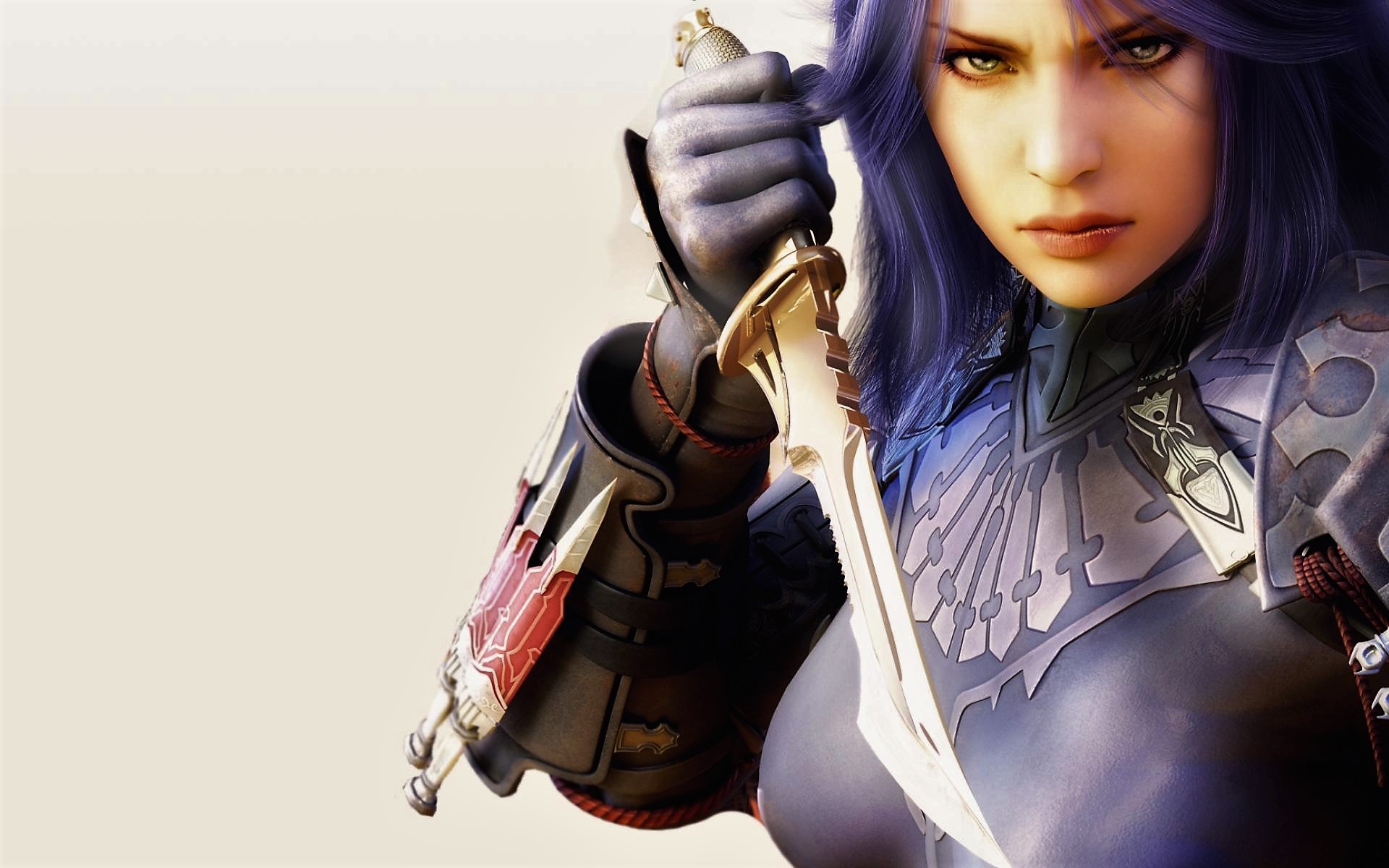 Woman warrior with purple hair holding a sword HD Wallpaper