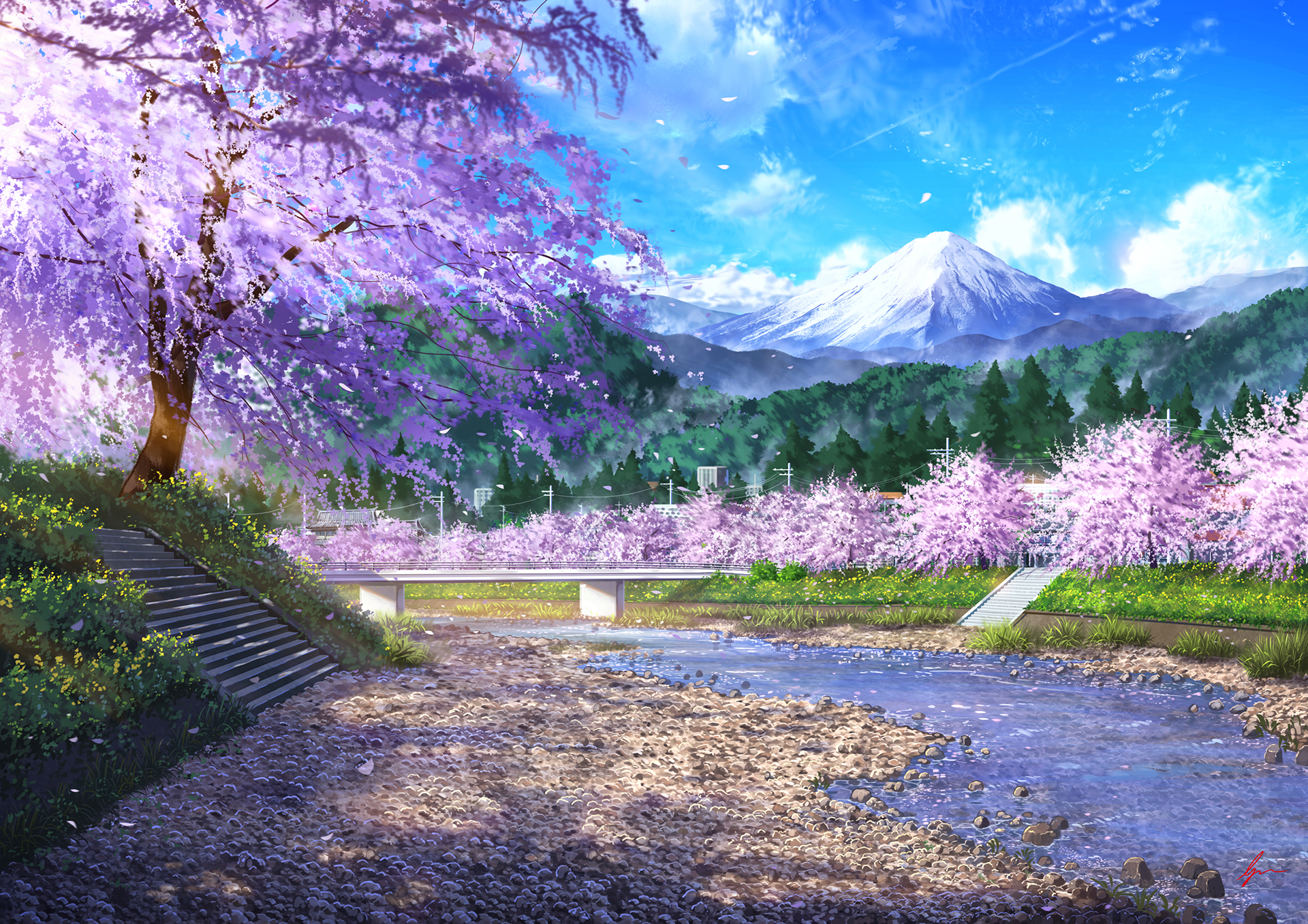River and Cherry Blossoms with Mount Fuji HD Wallpaper