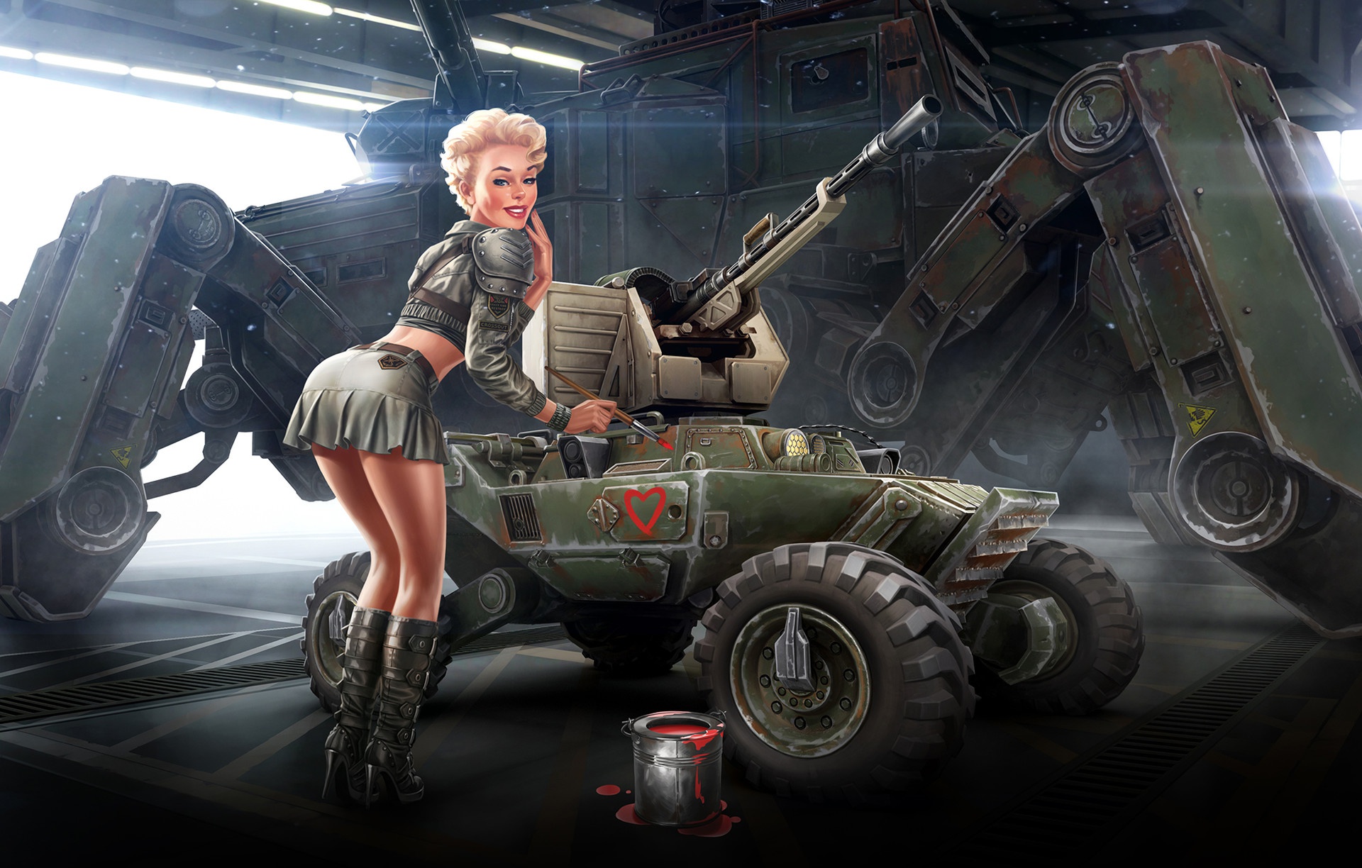 Woman painting a heart on a military vehicle HD Wallpaper