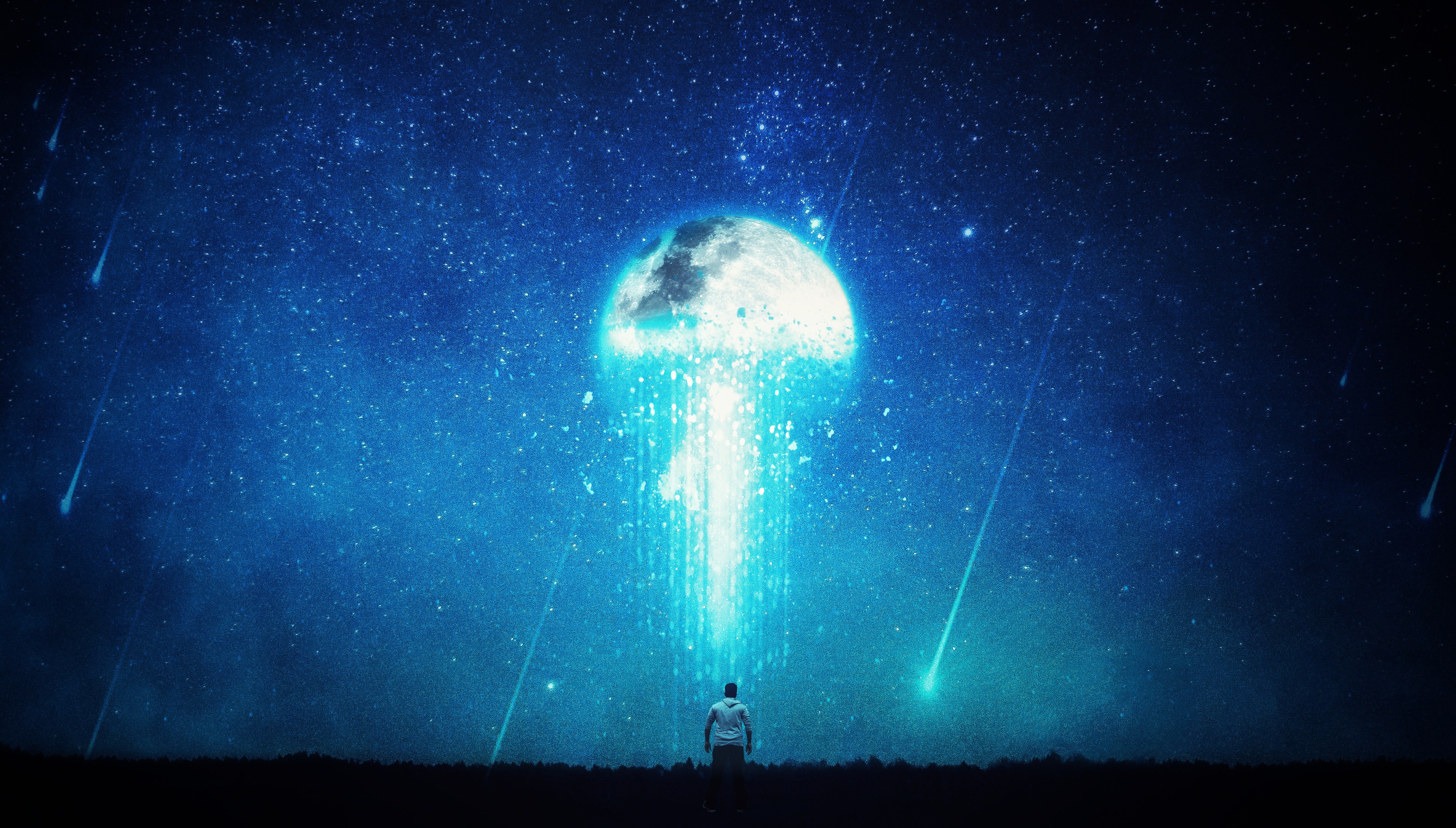 Man watches a glowing jellyfish-shaped moon in a starry night sky HD Wallpaper
