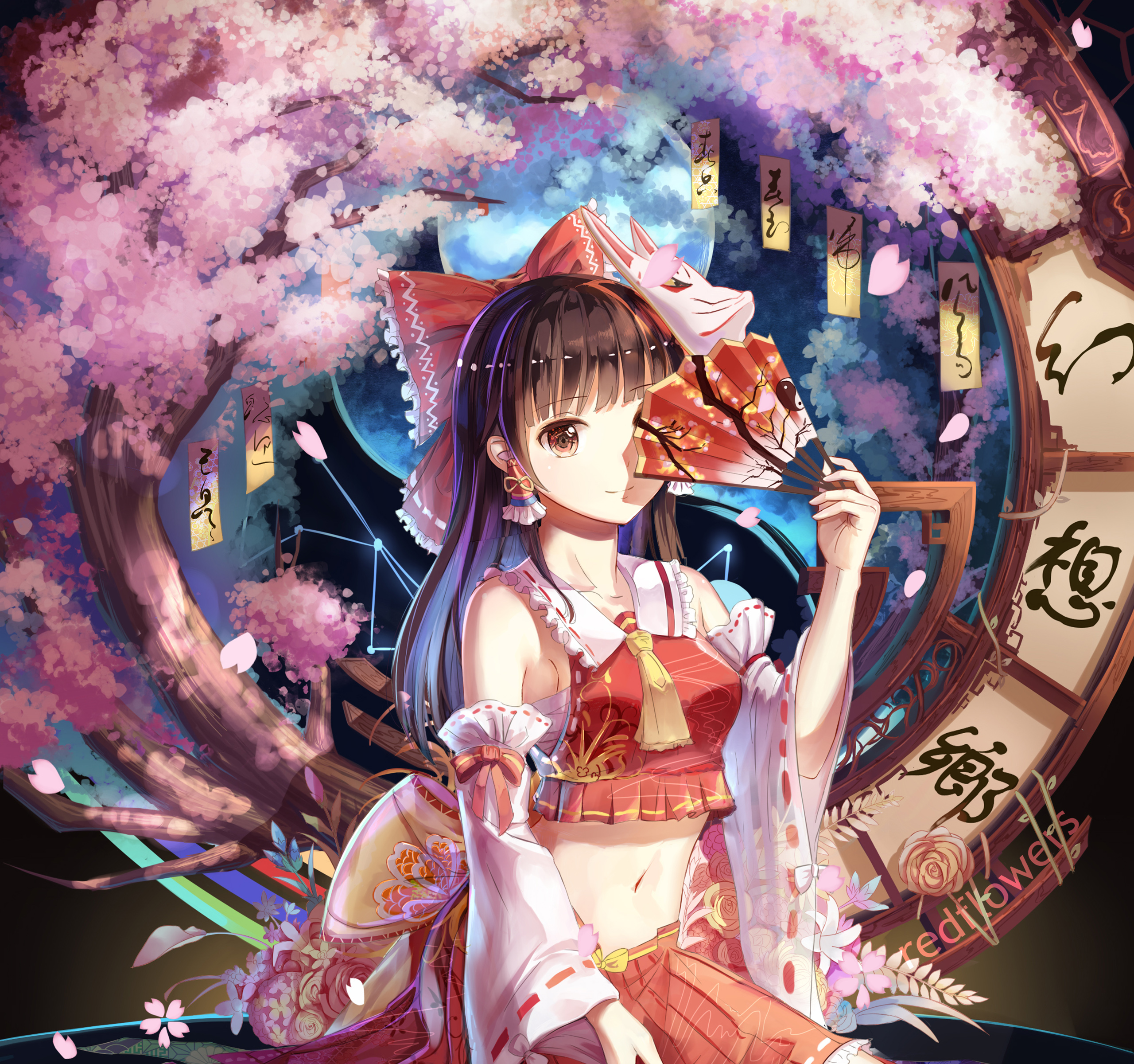 Reimu Hakurei with a fan under cherry blossoms HD Wallpaper