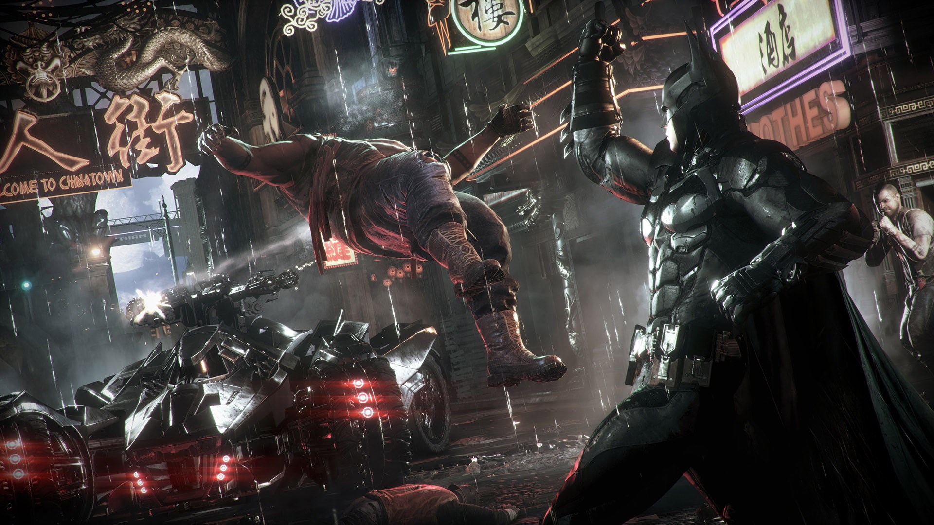 Batman from Batman: Arkham Knight fighting in Chinatown HD Wallpaper