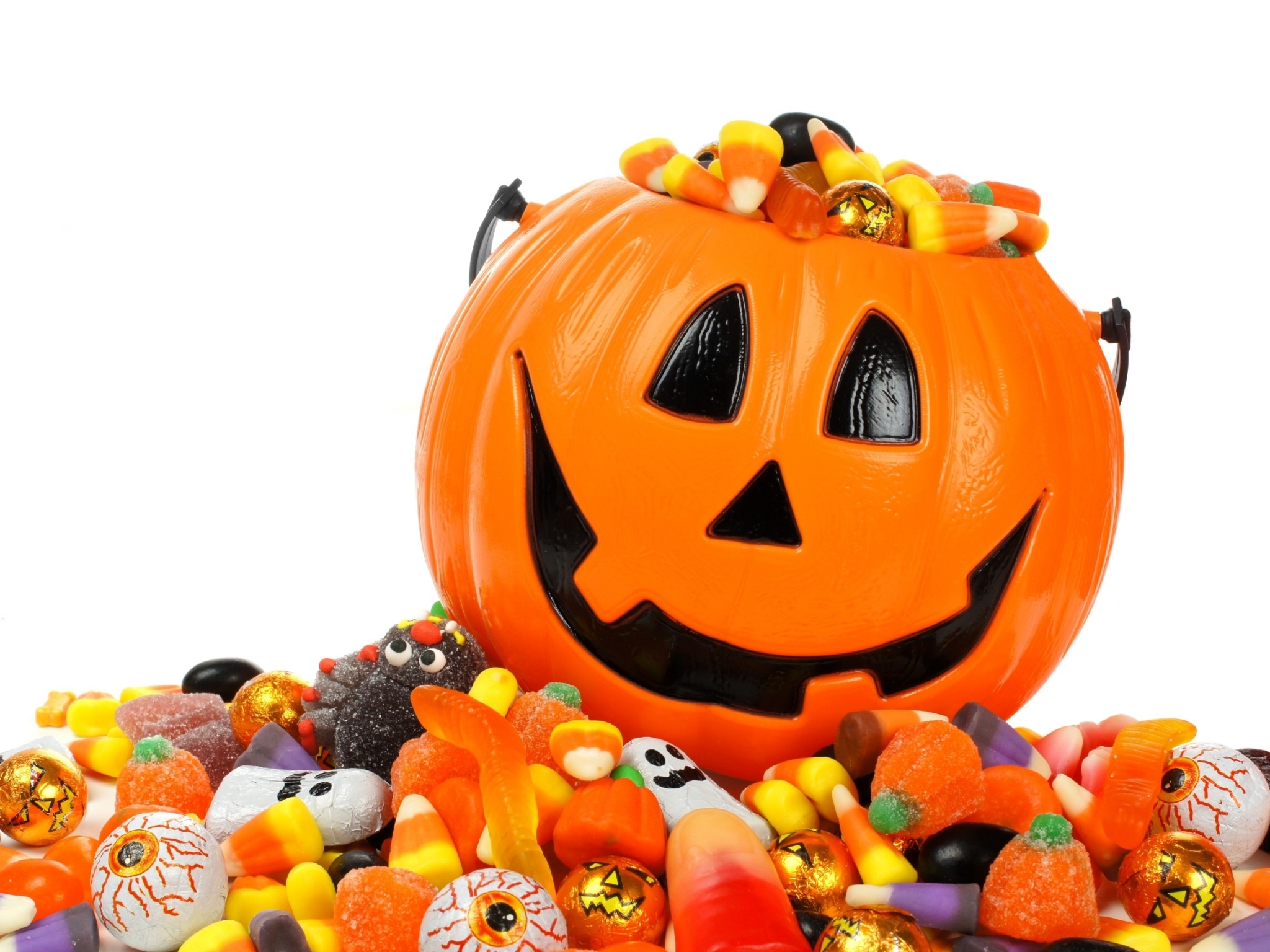 Halloween pumpkin bucket filled with candy HD Wallpaper