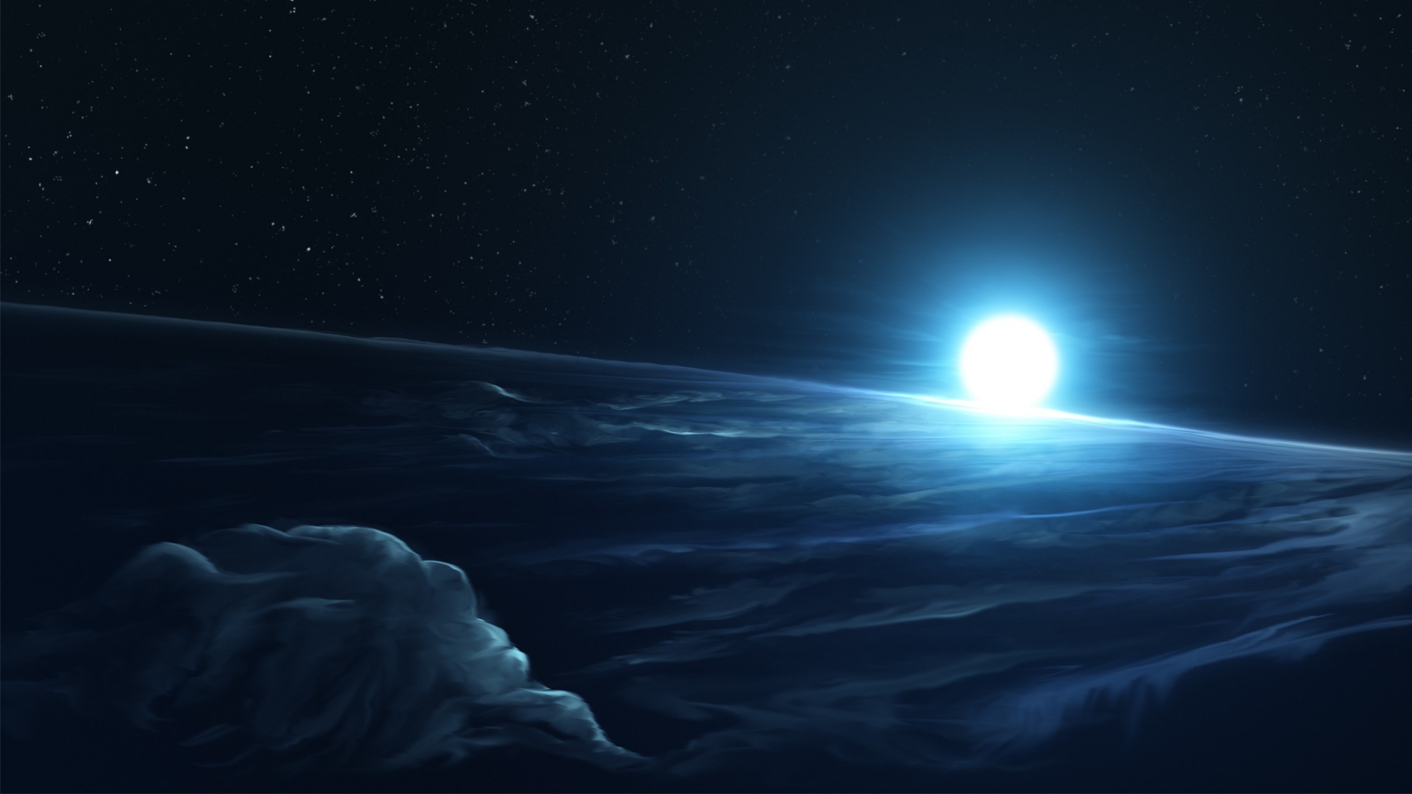 Space with a bright star over clouds HD Wallpaper