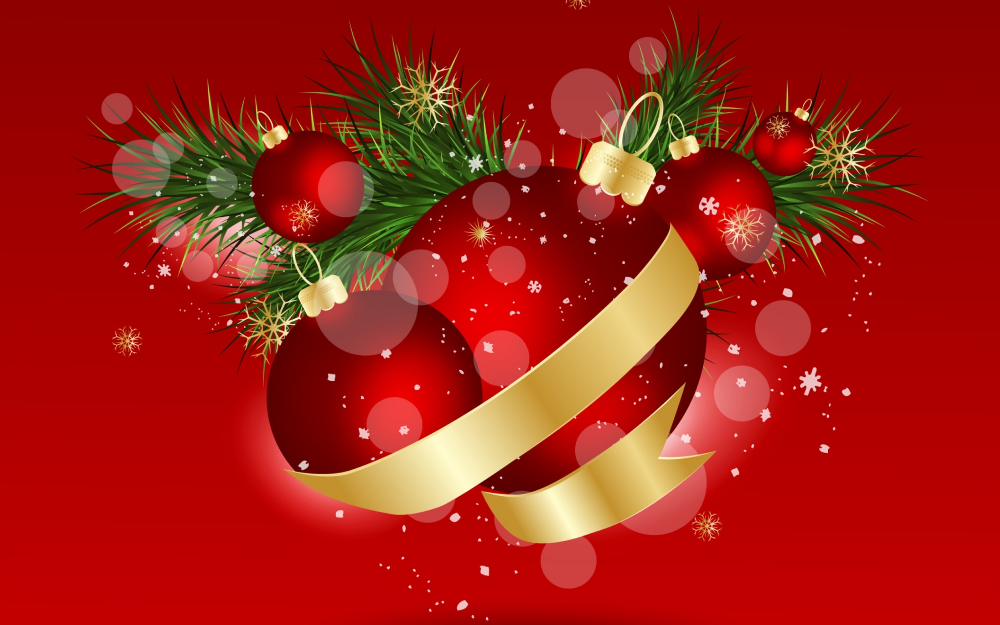 Christmas Ornaments with Pine Branches and Snowflakes HD Wallpaper