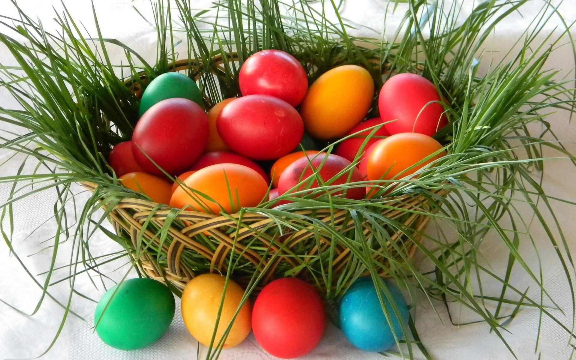 Easter eggs in a basket with grass HD Wallpaper