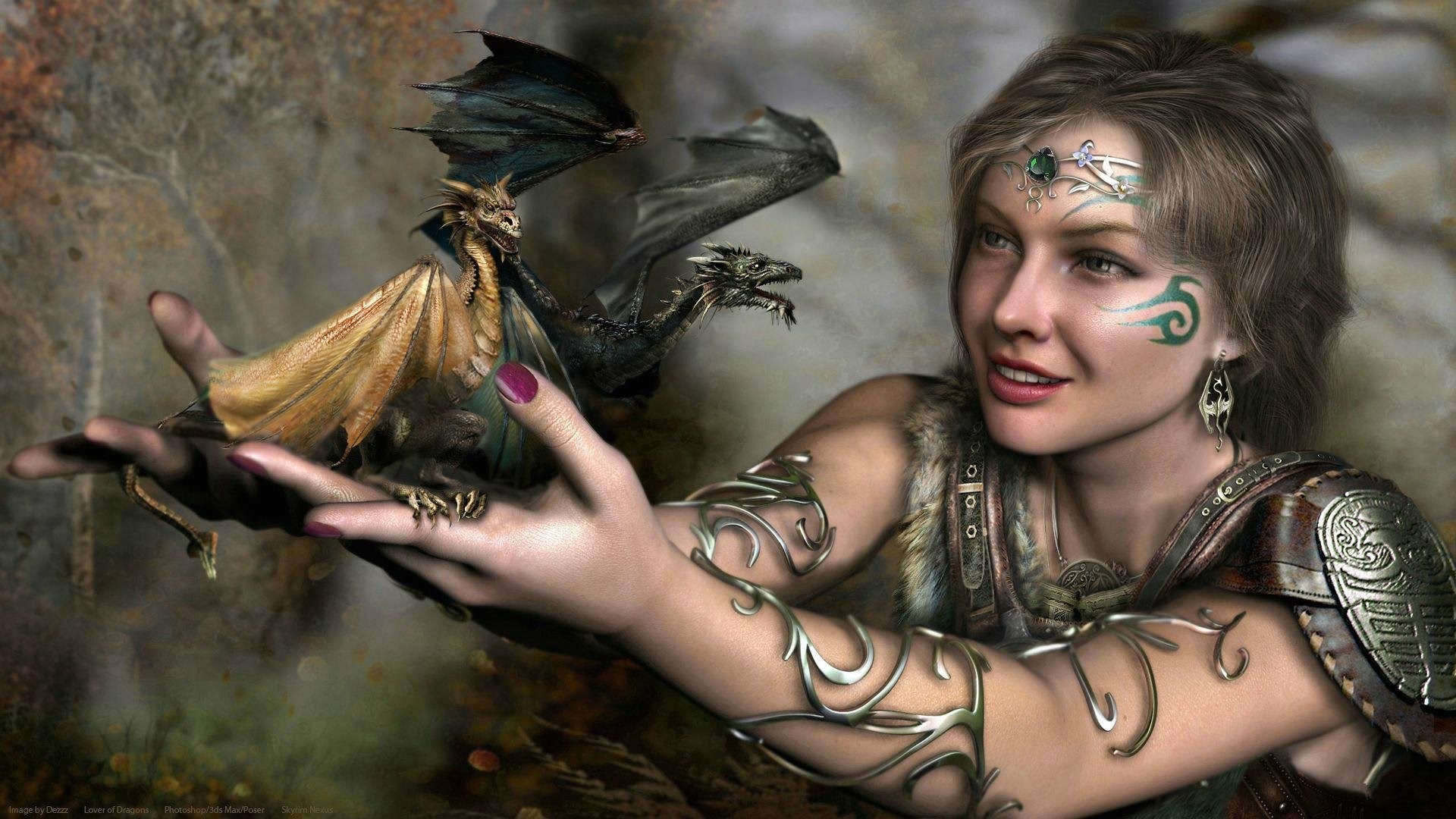 Woman holding baby dragons in Skyrim HD Wallpaper