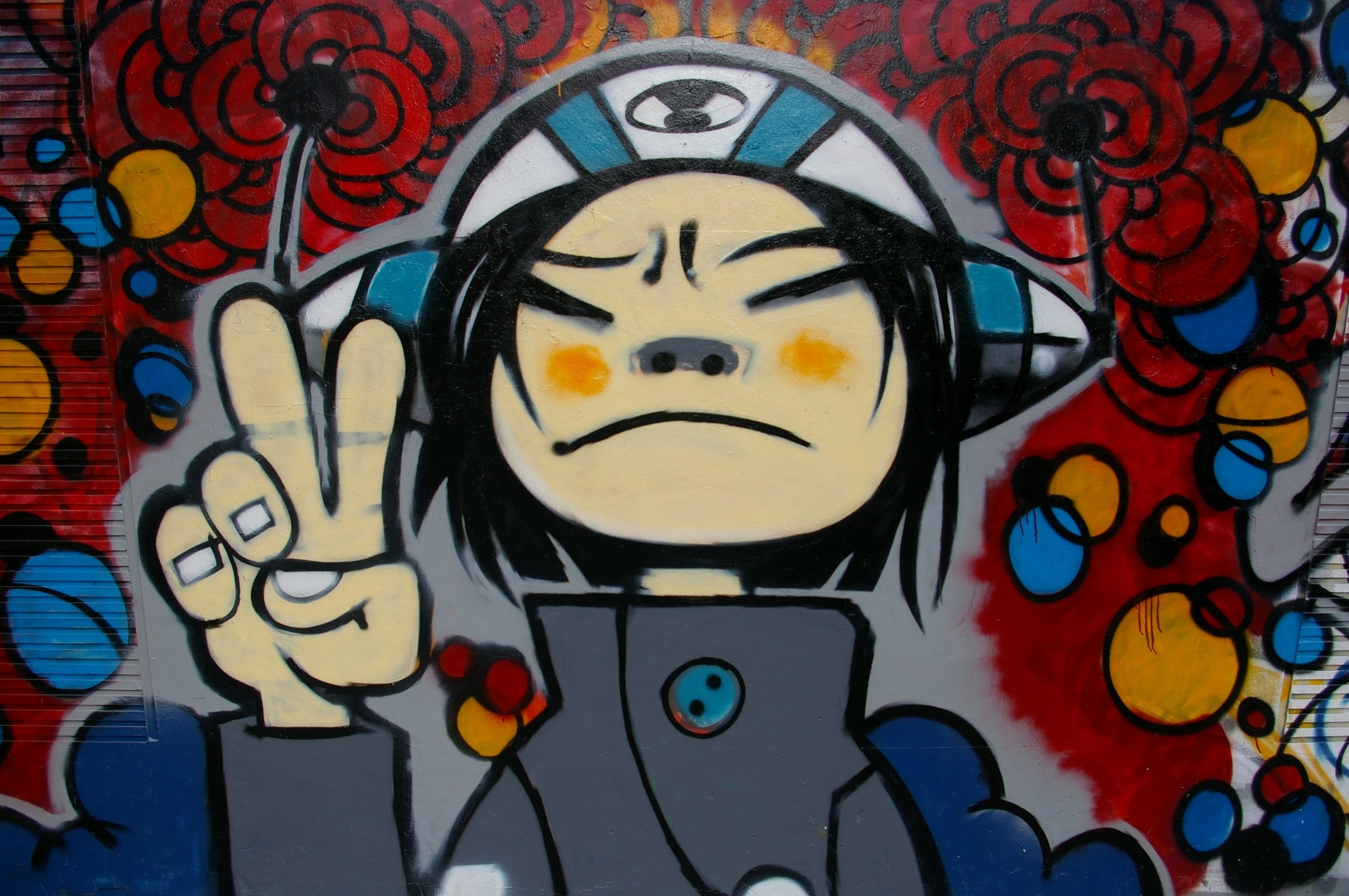 Graffiti of Noodle from Gorillaz with peace sign HD Wallpaper