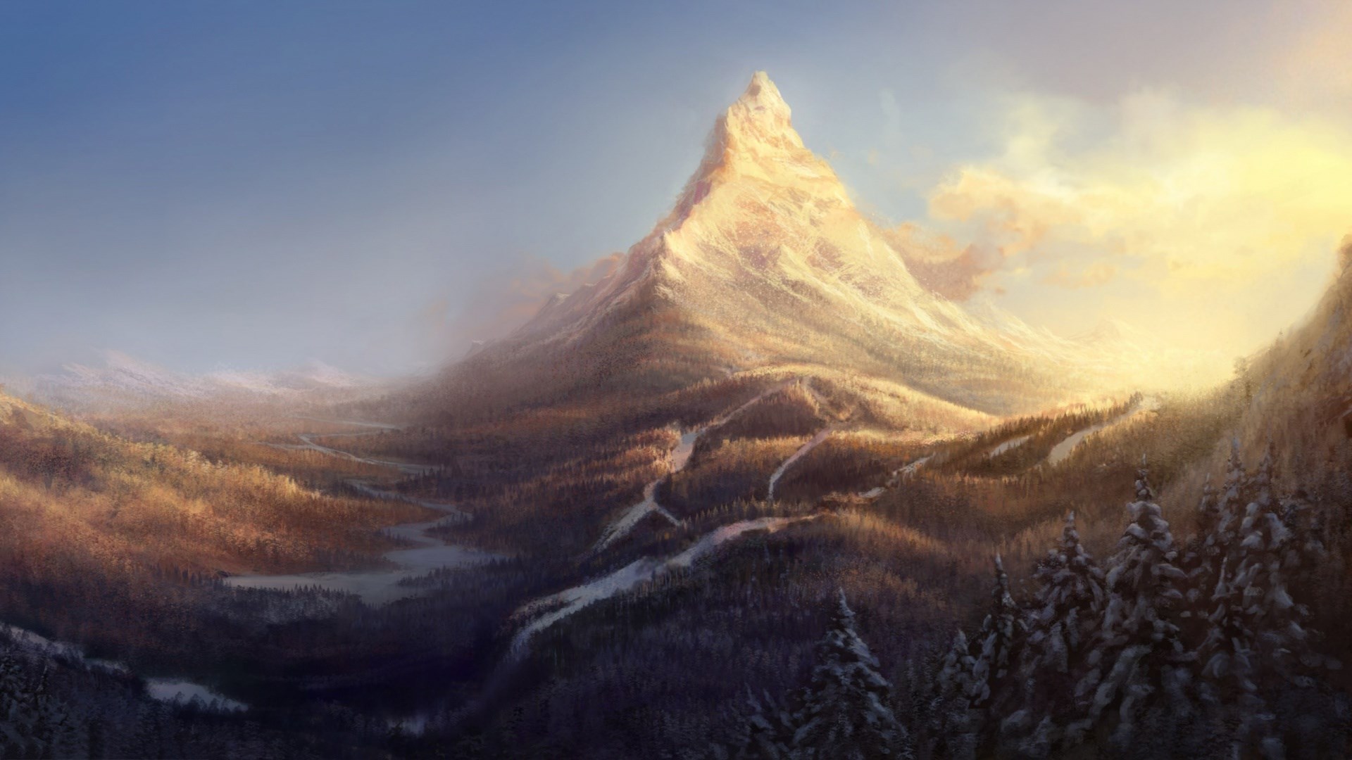 Snow-covered mountain peak at sunrise HD Wallpaper