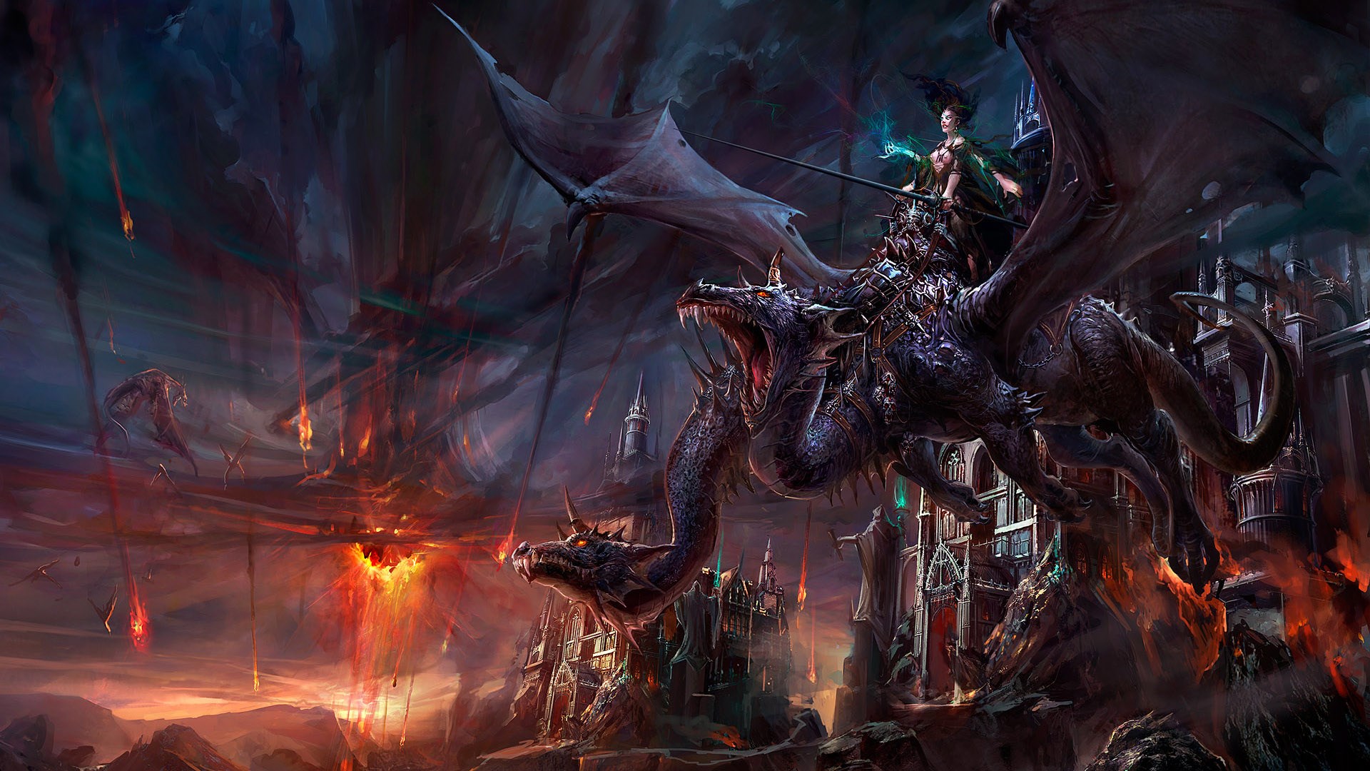 Fantasy Dragon Rider attacking a castle HD Wallpaper