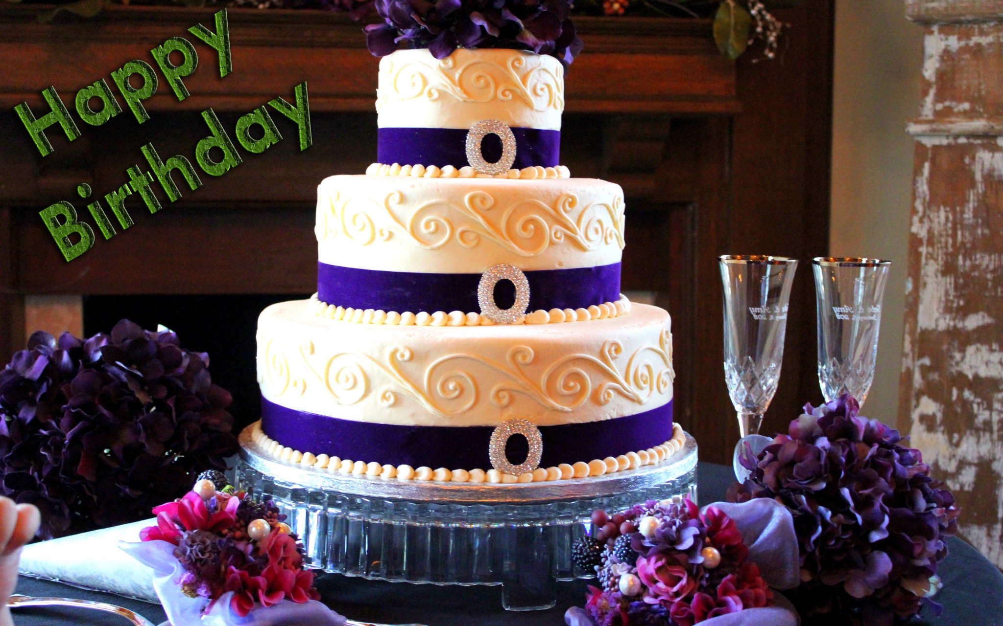 Happy Birthday Cake with Purple Flowers and Champagne Glasses HD Wallpaper