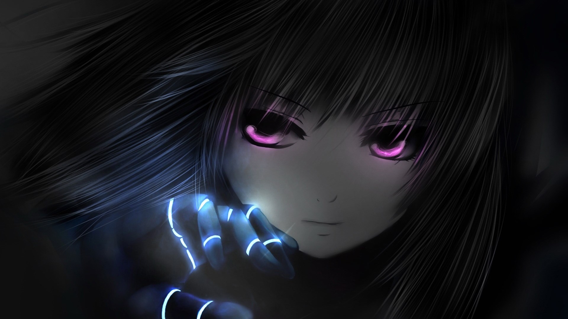 Anime girl with glowing pink eyes and blue cybernetic hands HD Wallpaper