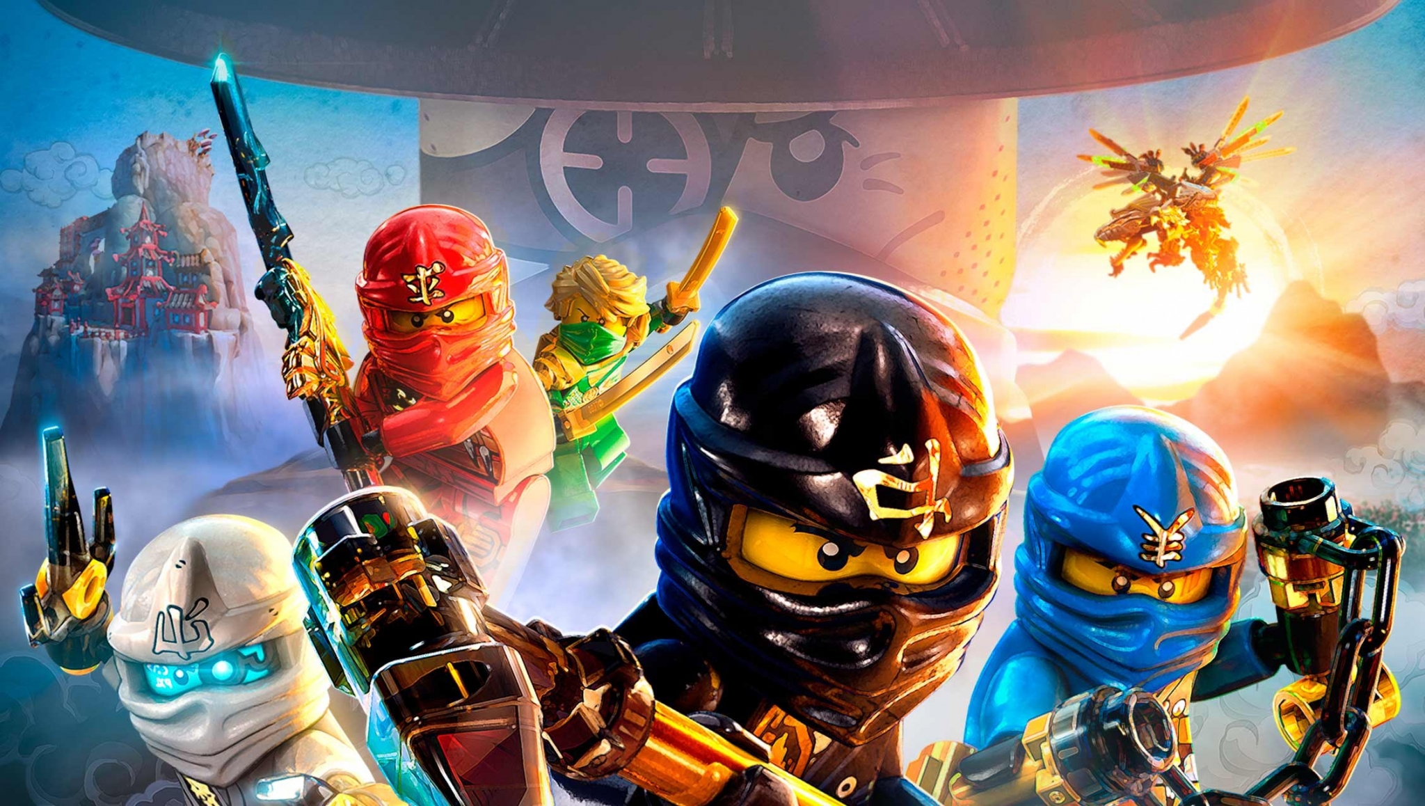 Lego Ninjago characters in a fantasy landscape HD Wallpaper