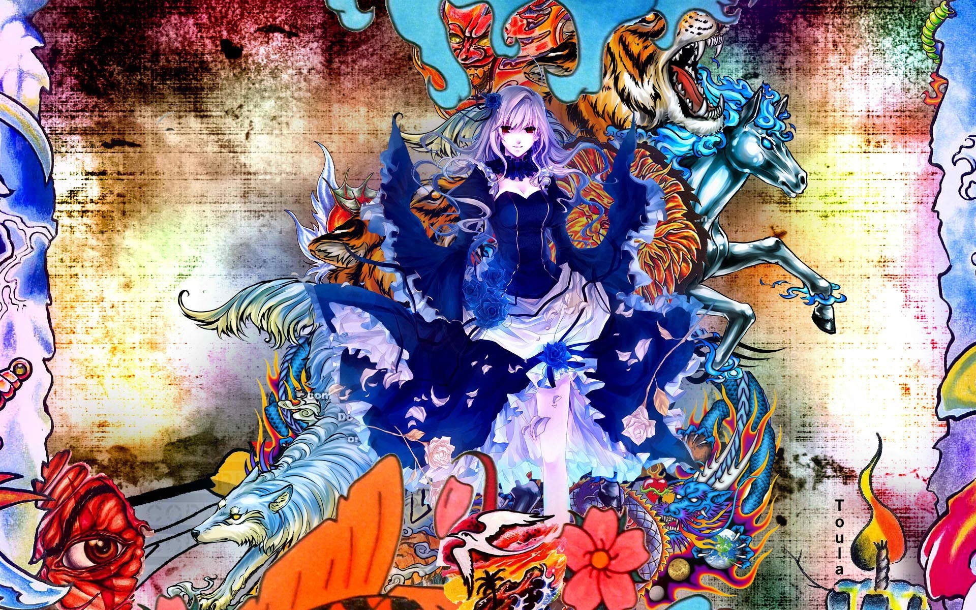 Anime girl with mythical creatures and Japanese art HD Wallpaper